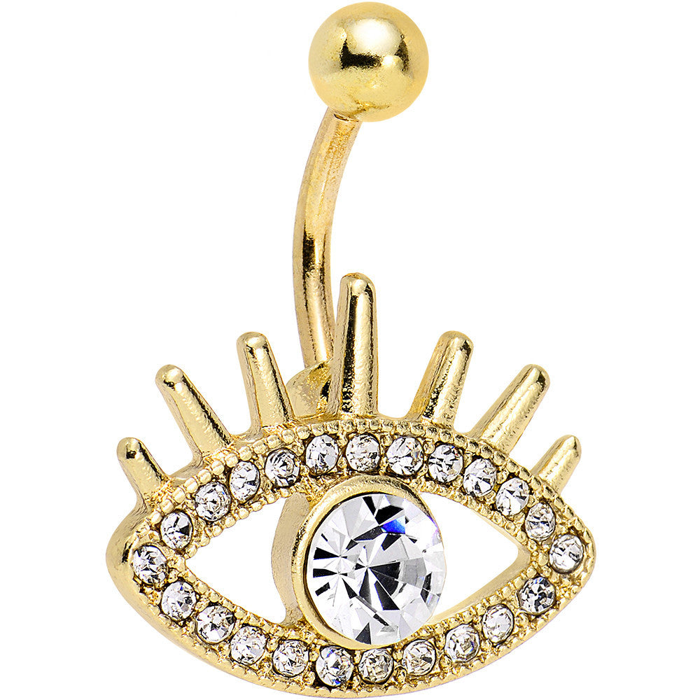 Clear Gem Gold Anodized Steel Fancy Lashes Eye Belly Ring