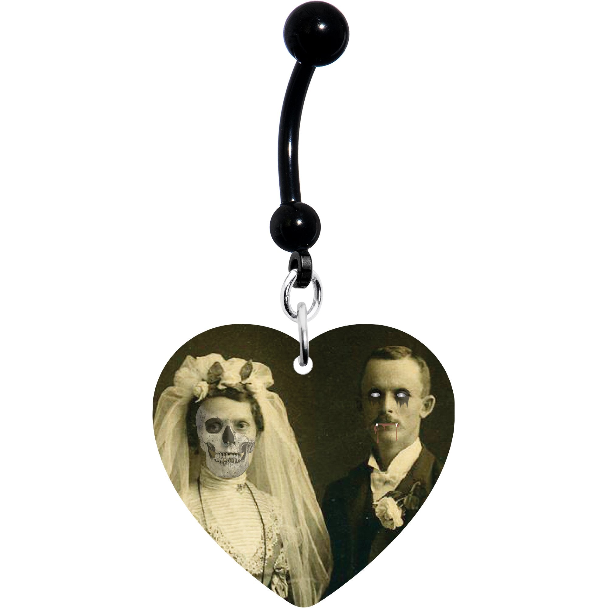 Skeleton Bride Vampire Groom Halloween Black Heart Dangle Hypoallergenic Stainless Steel Belly Ring