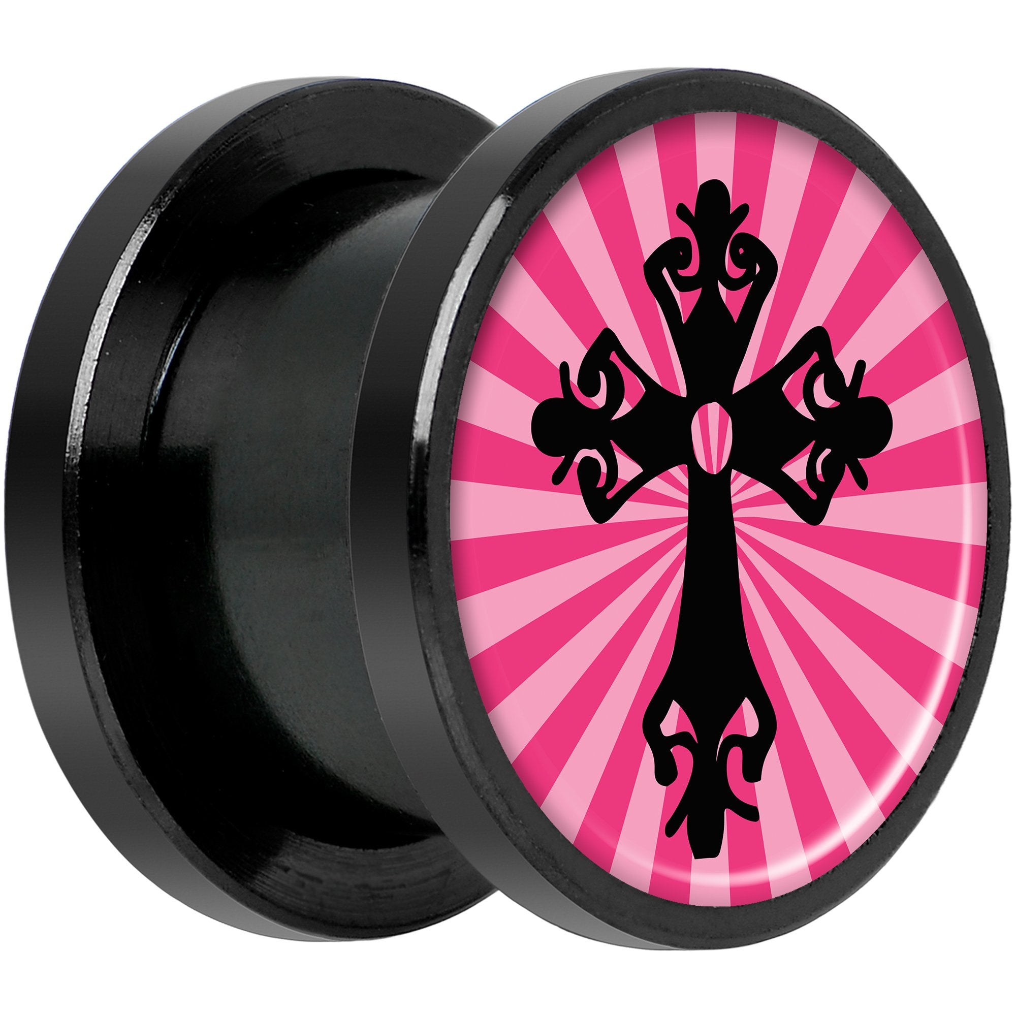 Pink Black Radiant Cross Black Anodized Screw Fit Plug Set 1/2
