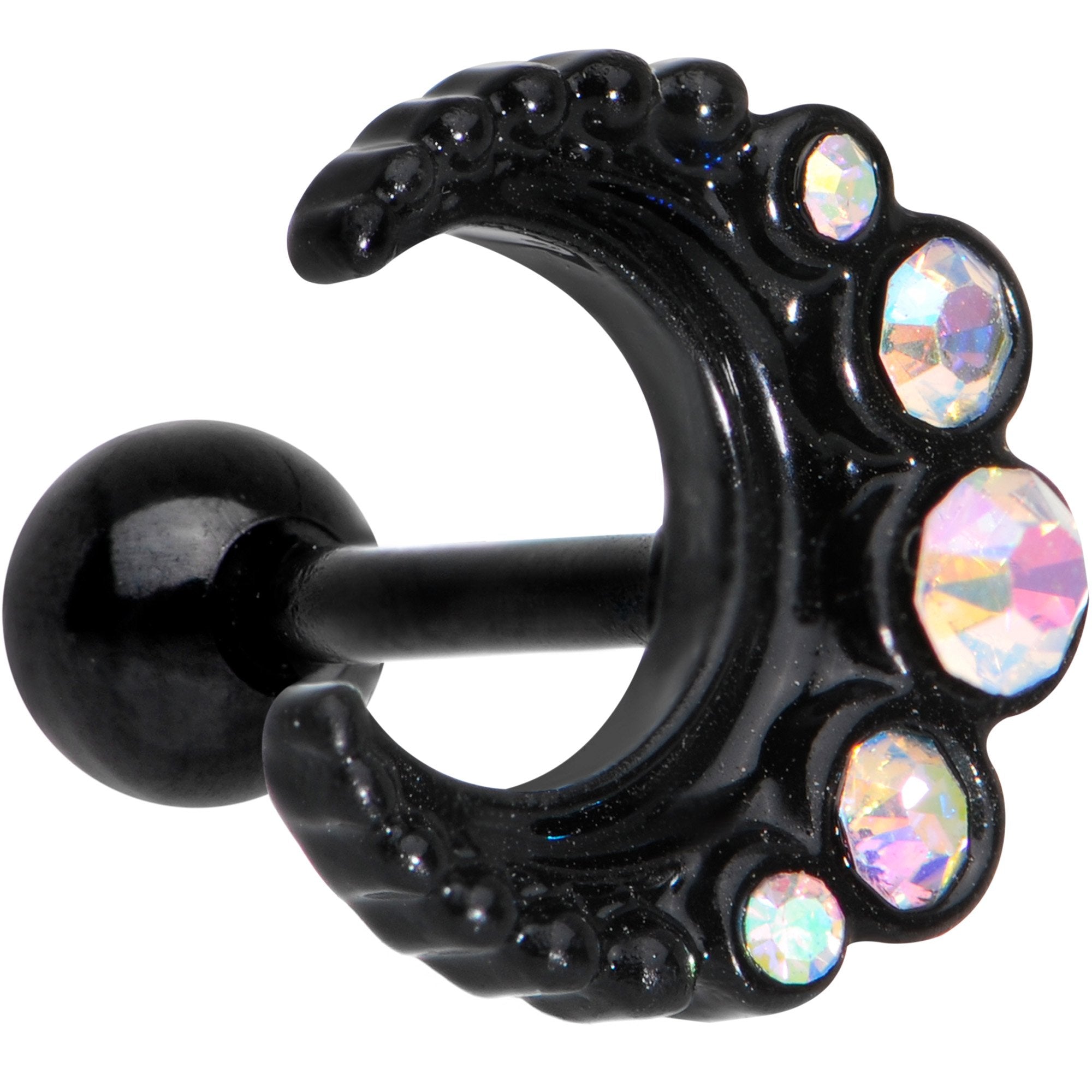 Auora Gem Encrusted Black Crescent Moon Stud Cartilage Earring