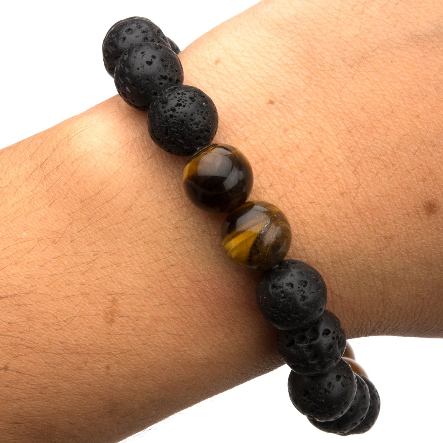 Mens Stainless Steel and Brown Tiger Eye Beads 10mm Stretch Bracelet