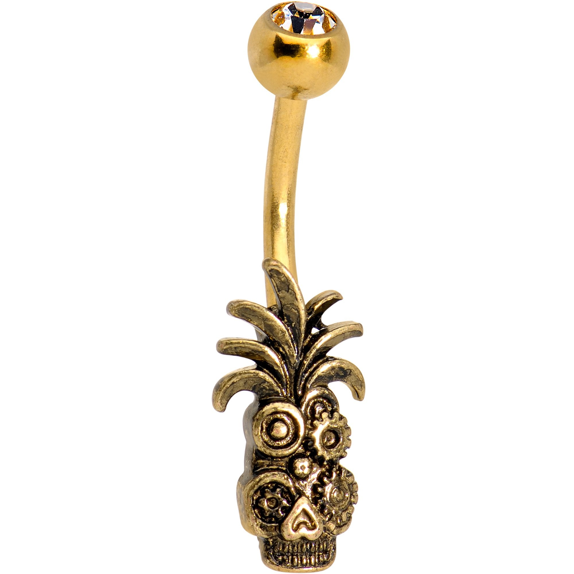 Clear Gem Gold PVD Steampunk Tiki Skull Headdress Belly Ring