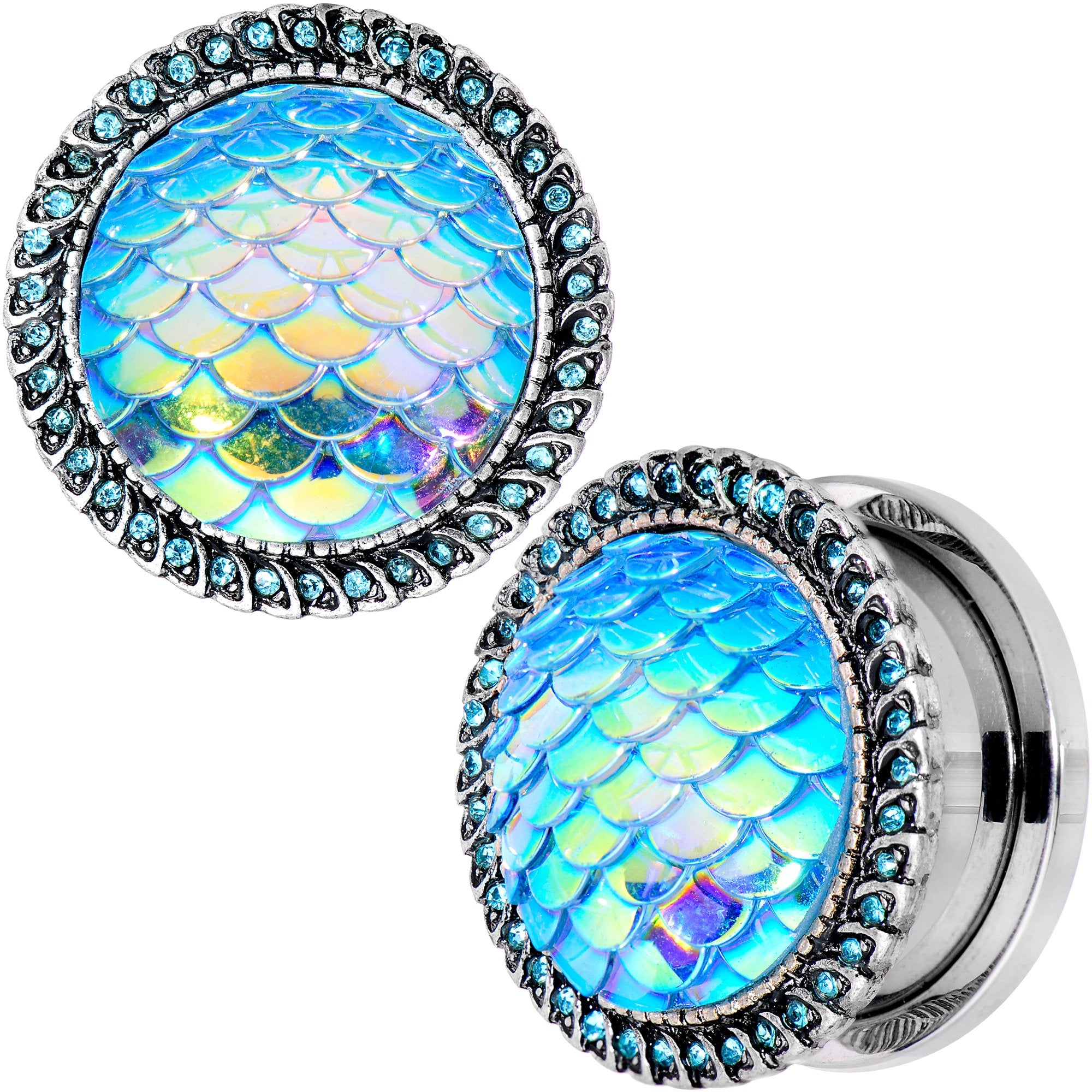 Aqua Gem Iridescent Blue Mermaid Scale Screw Fit Plug Set 6mm to 22mm