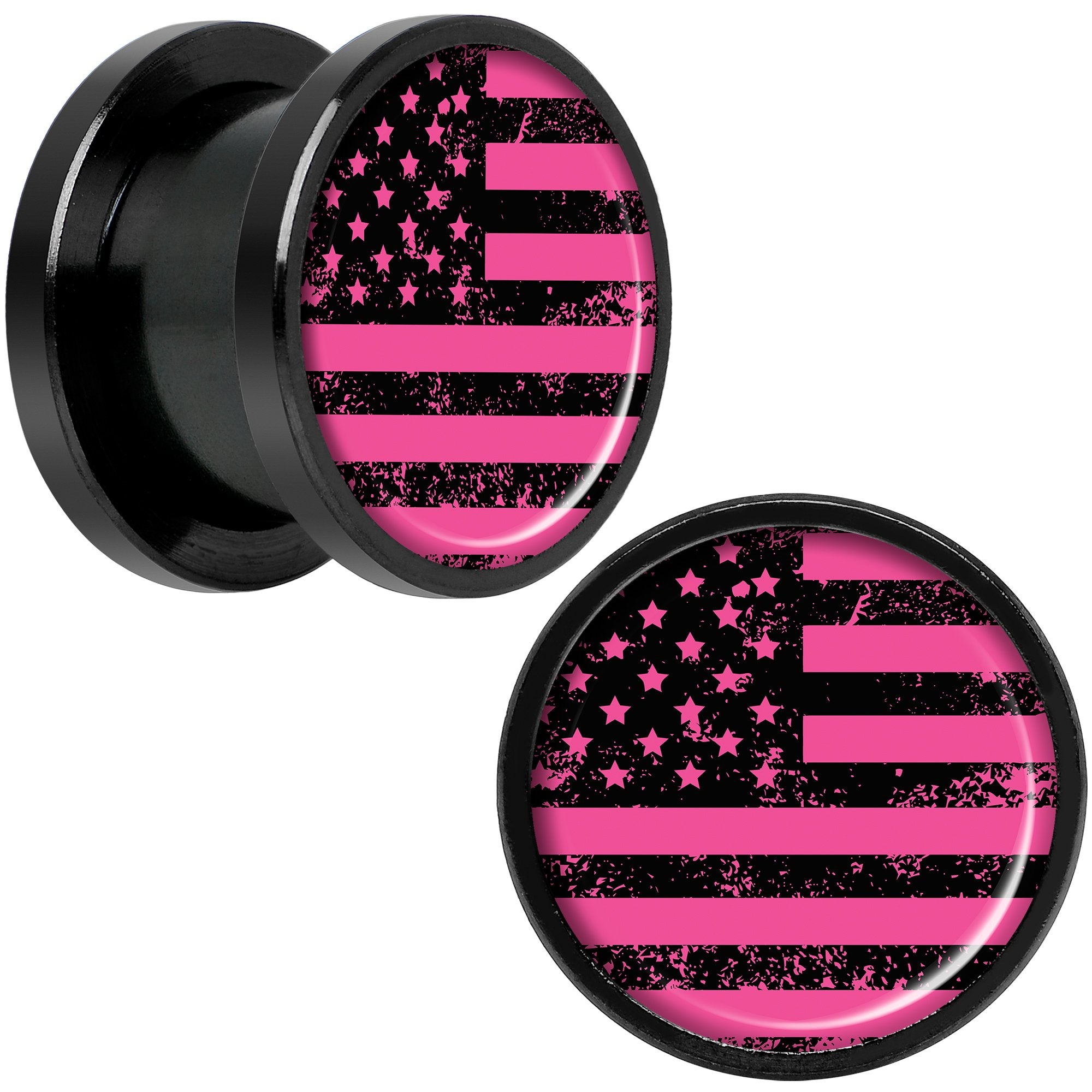 Pink American Flag Black Anodized Screw Fit Plug Set 1/2