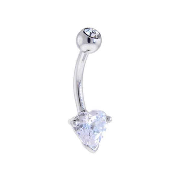 16G Solid 14K White Gold Crystalline CZ Heart Gem SOLITAIRE Belly Ring