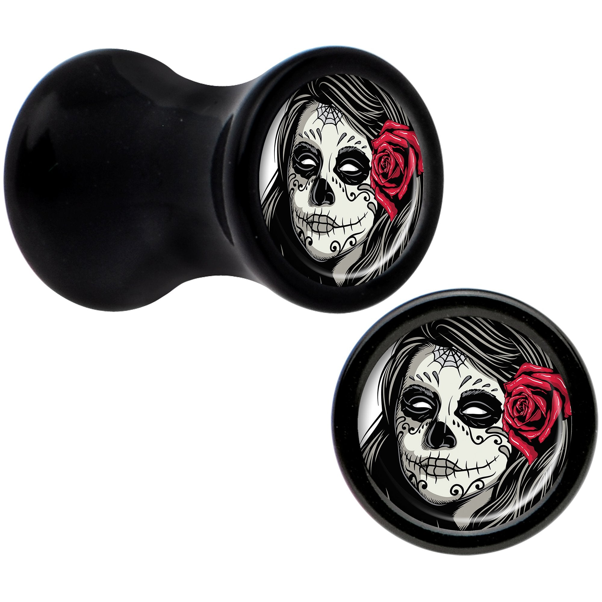 Black Acrylic Katrina Sugar Skull with Rose Flower Saddle Plug Set 4G