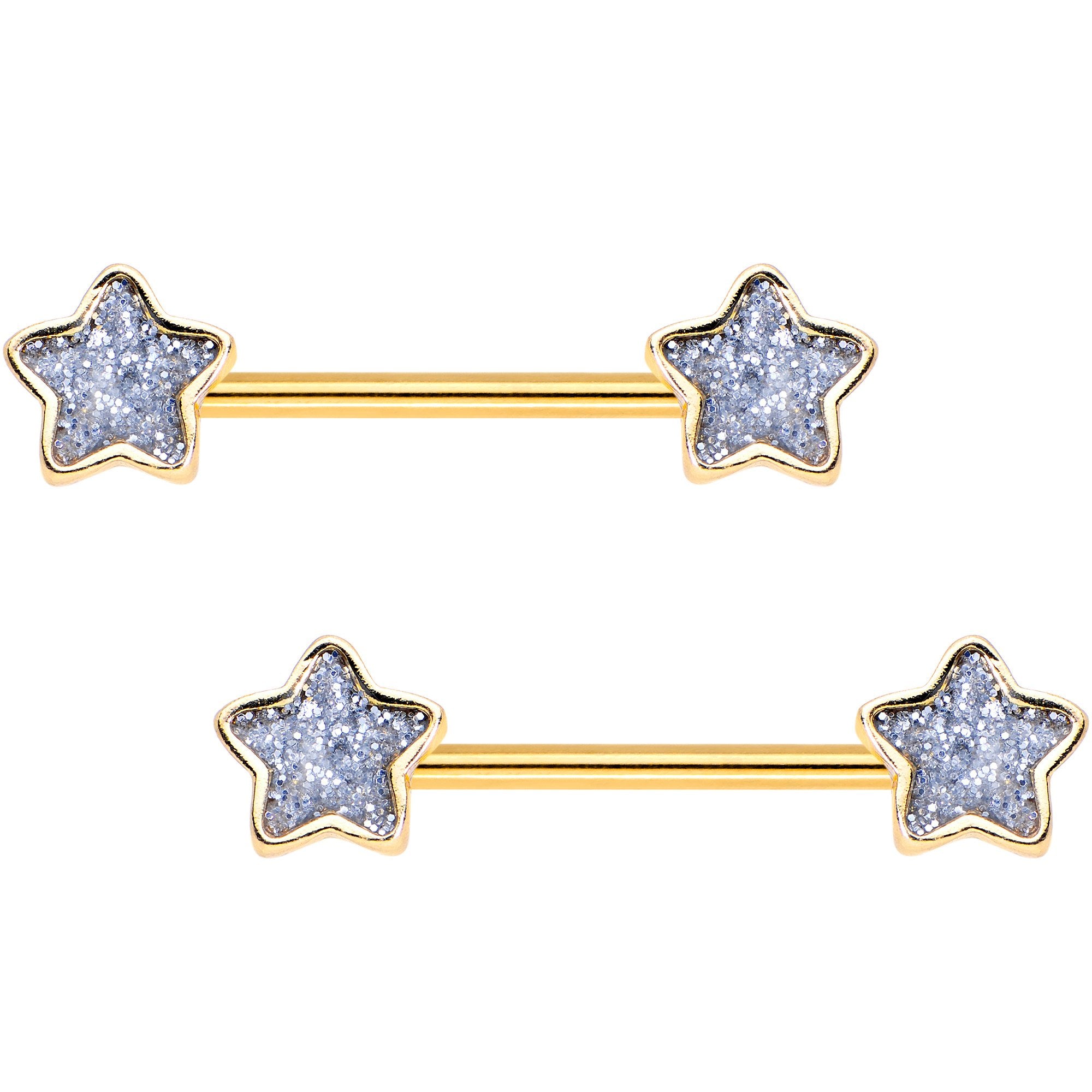 Clear Glitter Gem Gold Tone Galaxy Star Barbell Nipple Ring Set