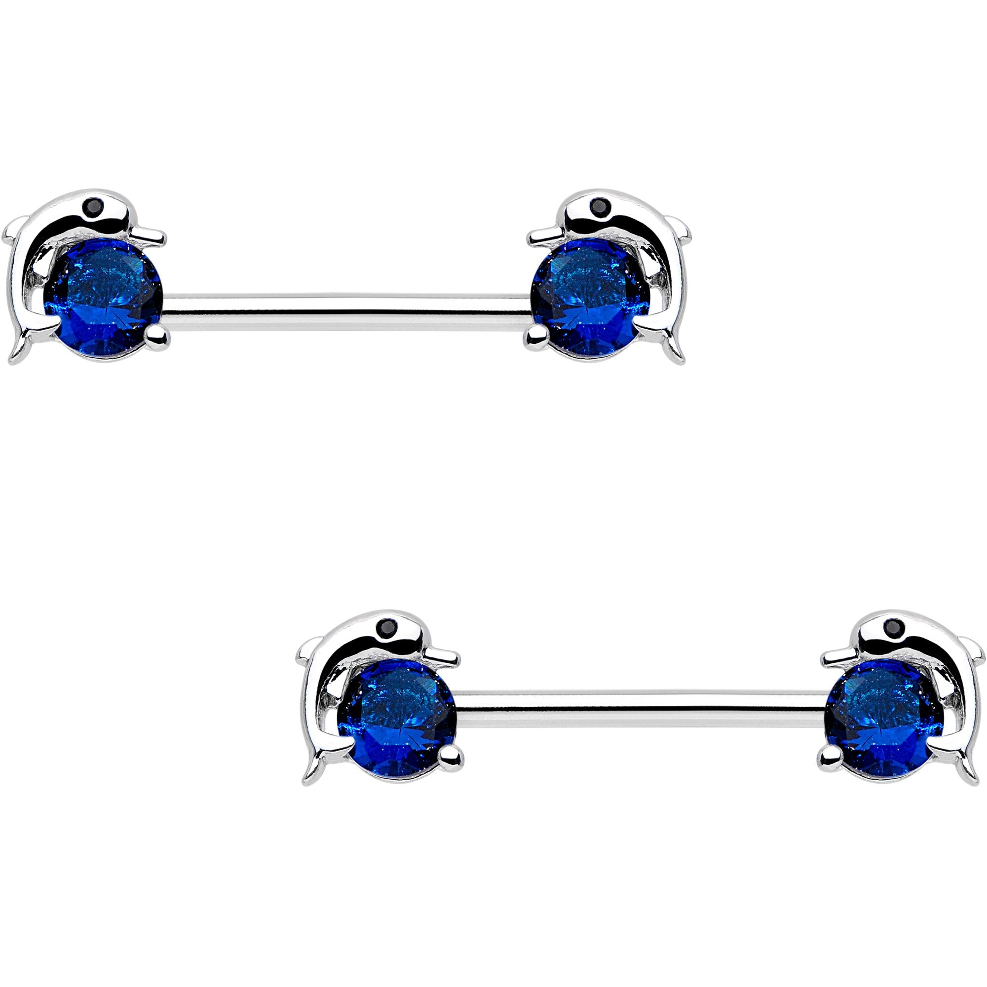 9/16 Blue CZ Gem Dreamy Dolphin Barbell Nipple Ring Set