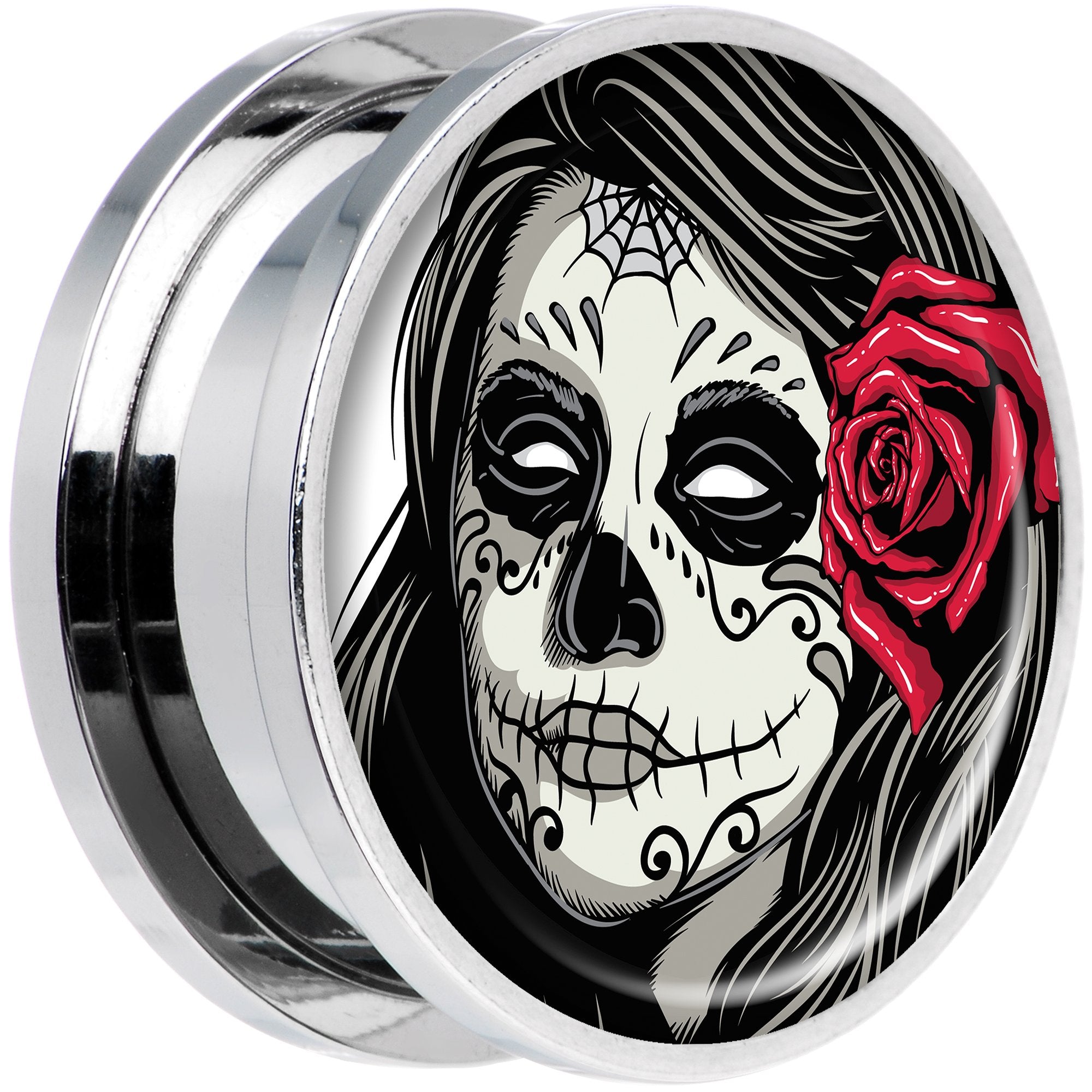 Katrina Sugar Skull with Rose Flower Steel Screw Fit Plug Set 20mm