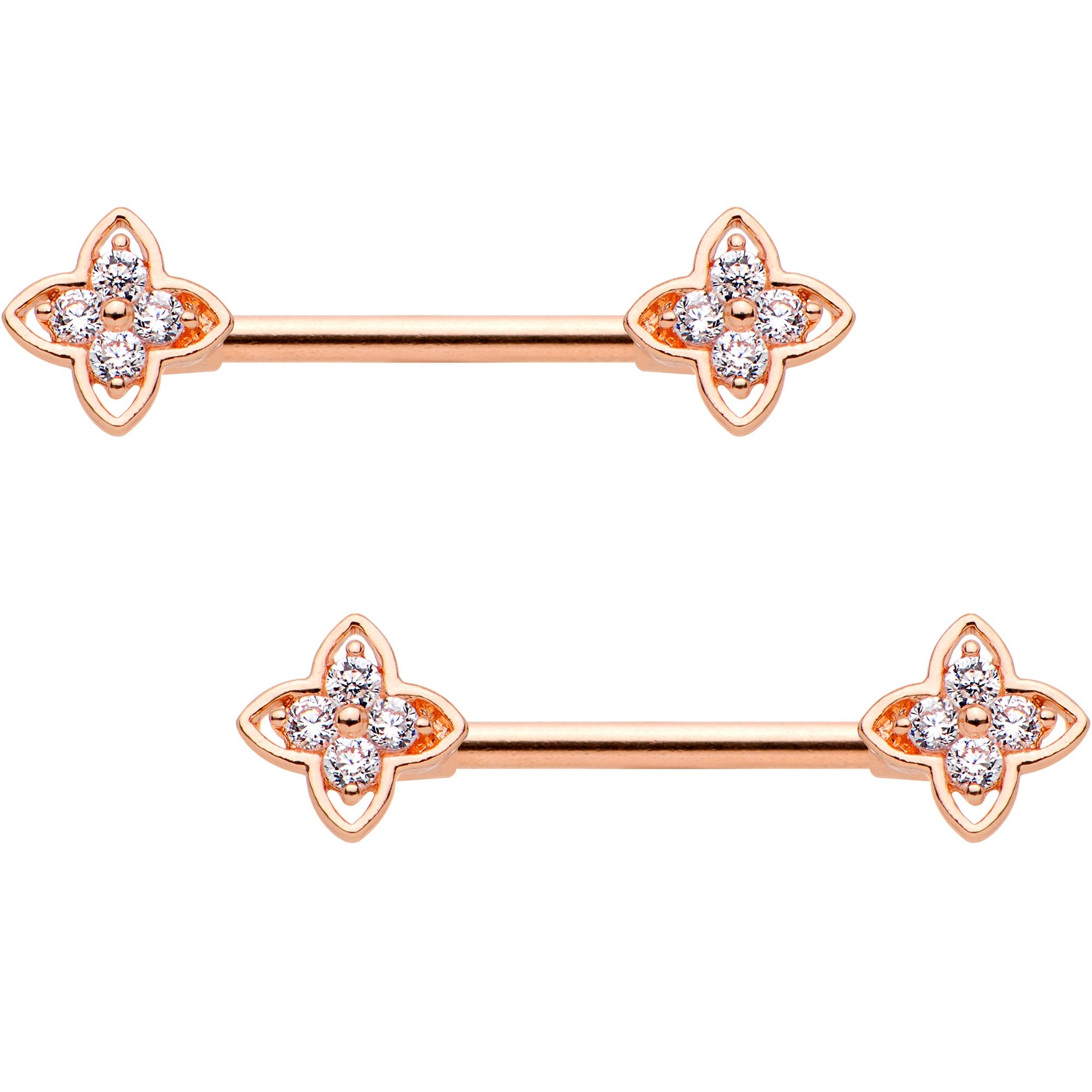 14G Clear CZ Gem Star Rose Gold Tone BCR Barbell Nipple Ring Set