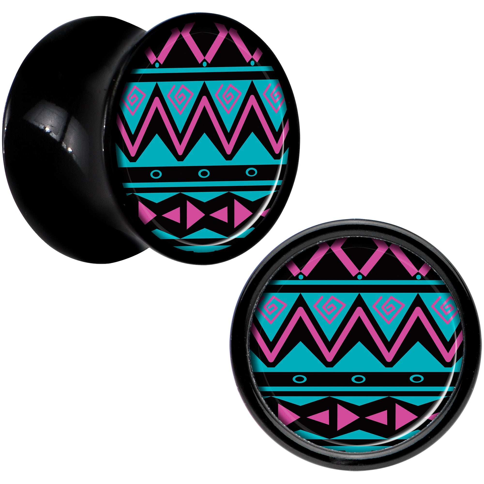Black Acrylic Pink Teal Tribal Print Saddle Plug Set 00G