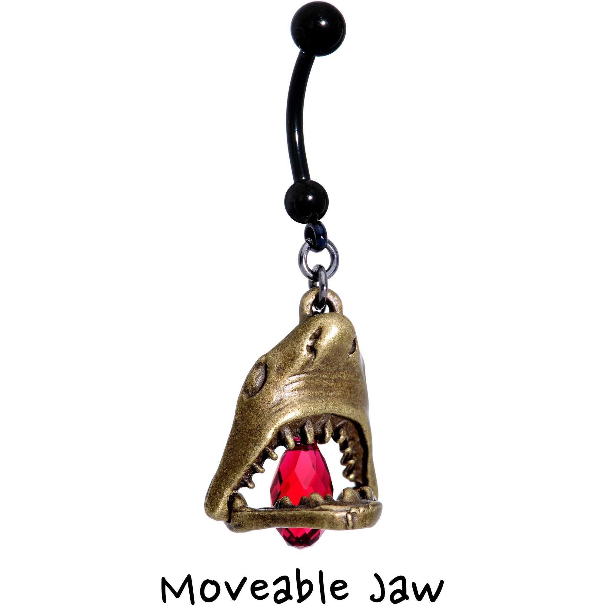 Red Gem Shark Jaw Dangle Belly Ring Created with Crystals