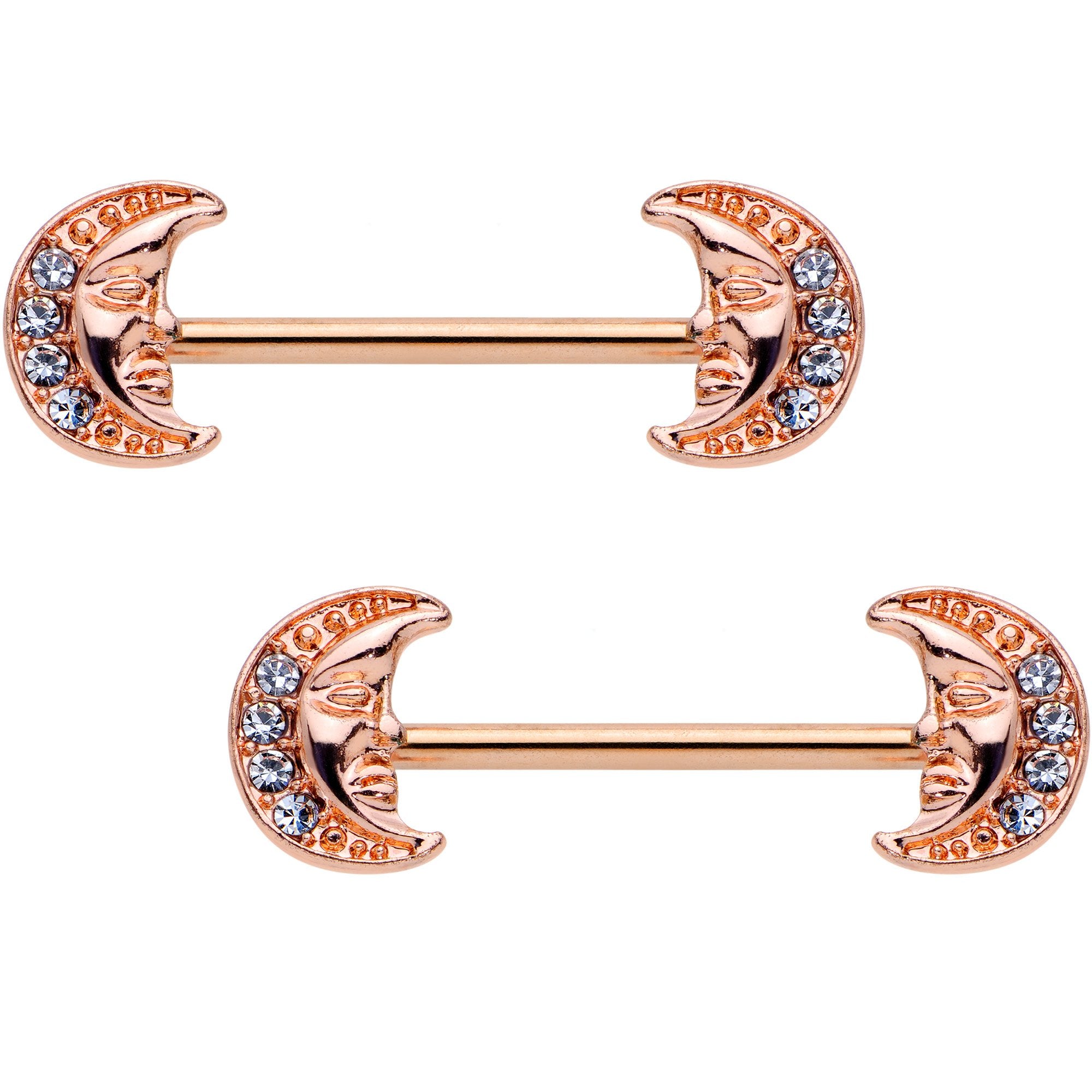 5/8 Clear Gem Rose Gold Tone Anodized Moon Barbell Nipple Ring Set