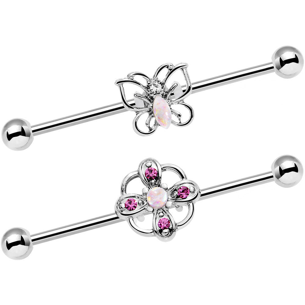 14G Pink Faux Opal Butterfly Flower Industrial Barbell Set 38mm