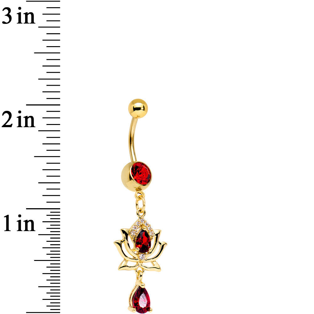 Red Clear Gem Gold PVD Red Hot Lotus Flower Dangle Belly Ring