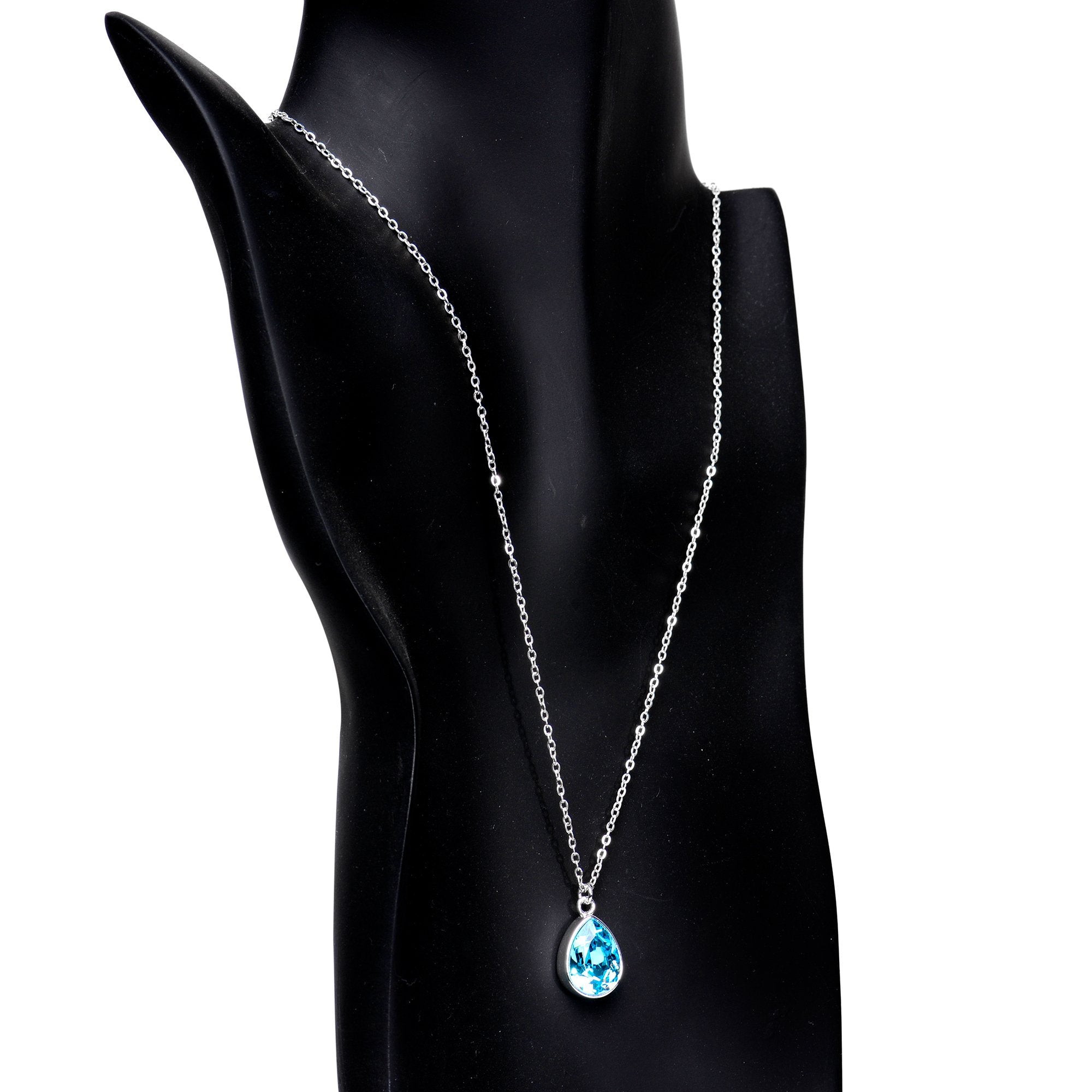 Silver Plated Aqua Raindrop Necklace Created with Crystals