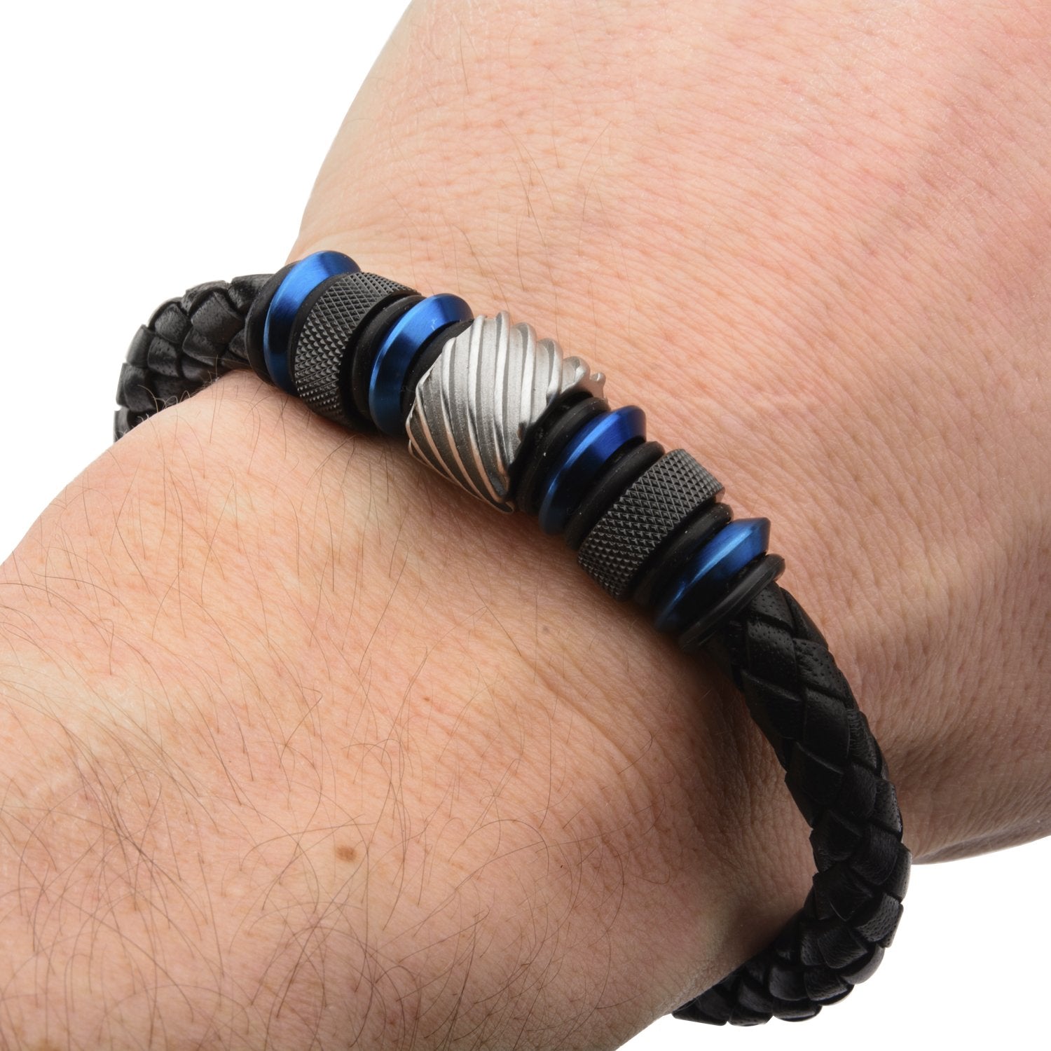 Mens Stainless Steel Beads in Black Braided Leather 9.5mm Bracelet