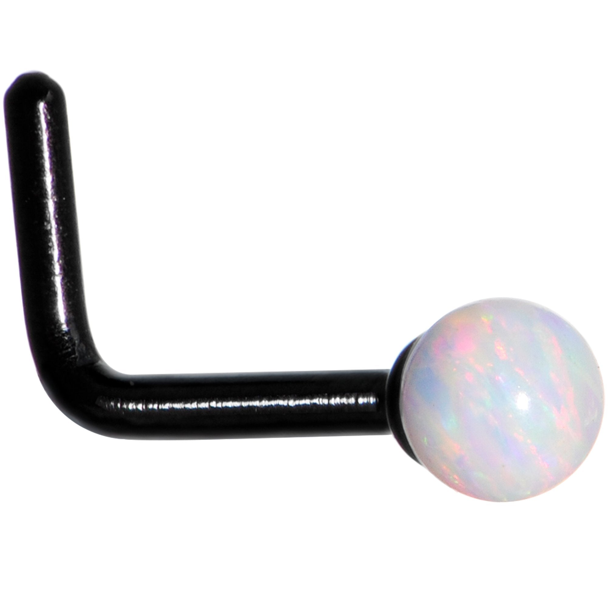 White 2.5mm Synthetic Opal Ball Black Anodized L-Shape Nose Ring