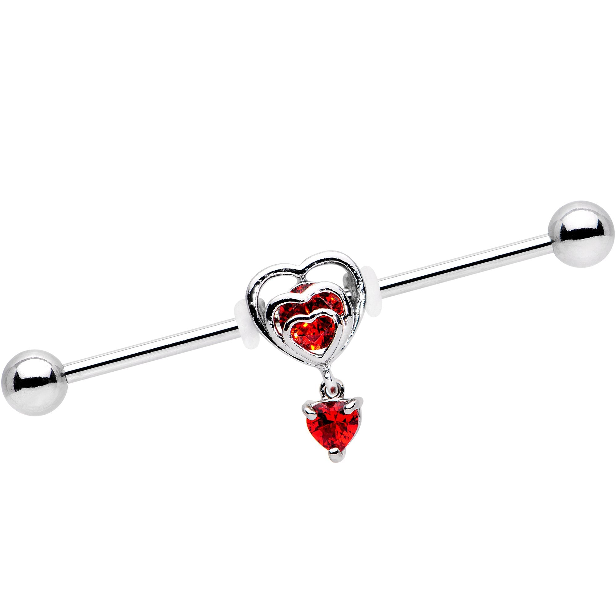 Red CZ Gem Triple Heart Dangle Industrial Barbell 38mm