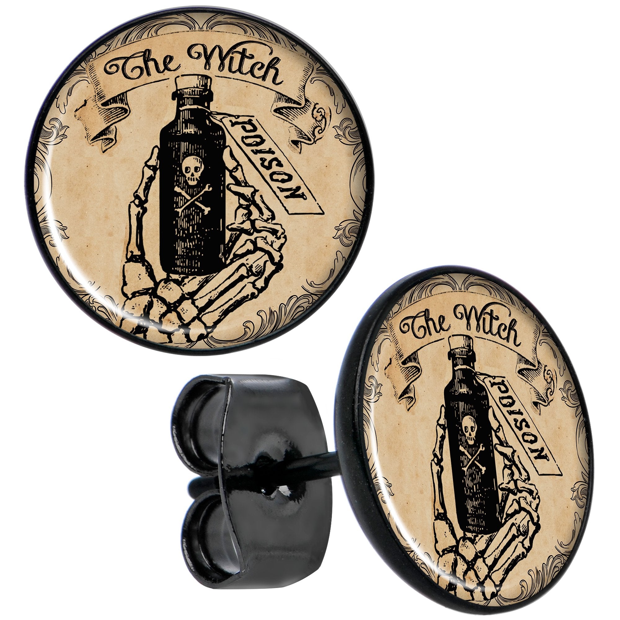 Witches Brew Poison Potion Halloween Black Stud Earrings