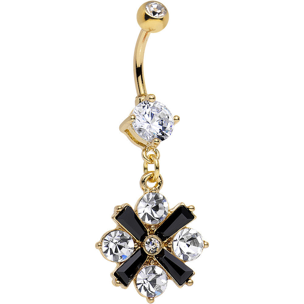 Clear Gem Gold Anodized Black X Marks the Sparkle Dangle Belly Ring