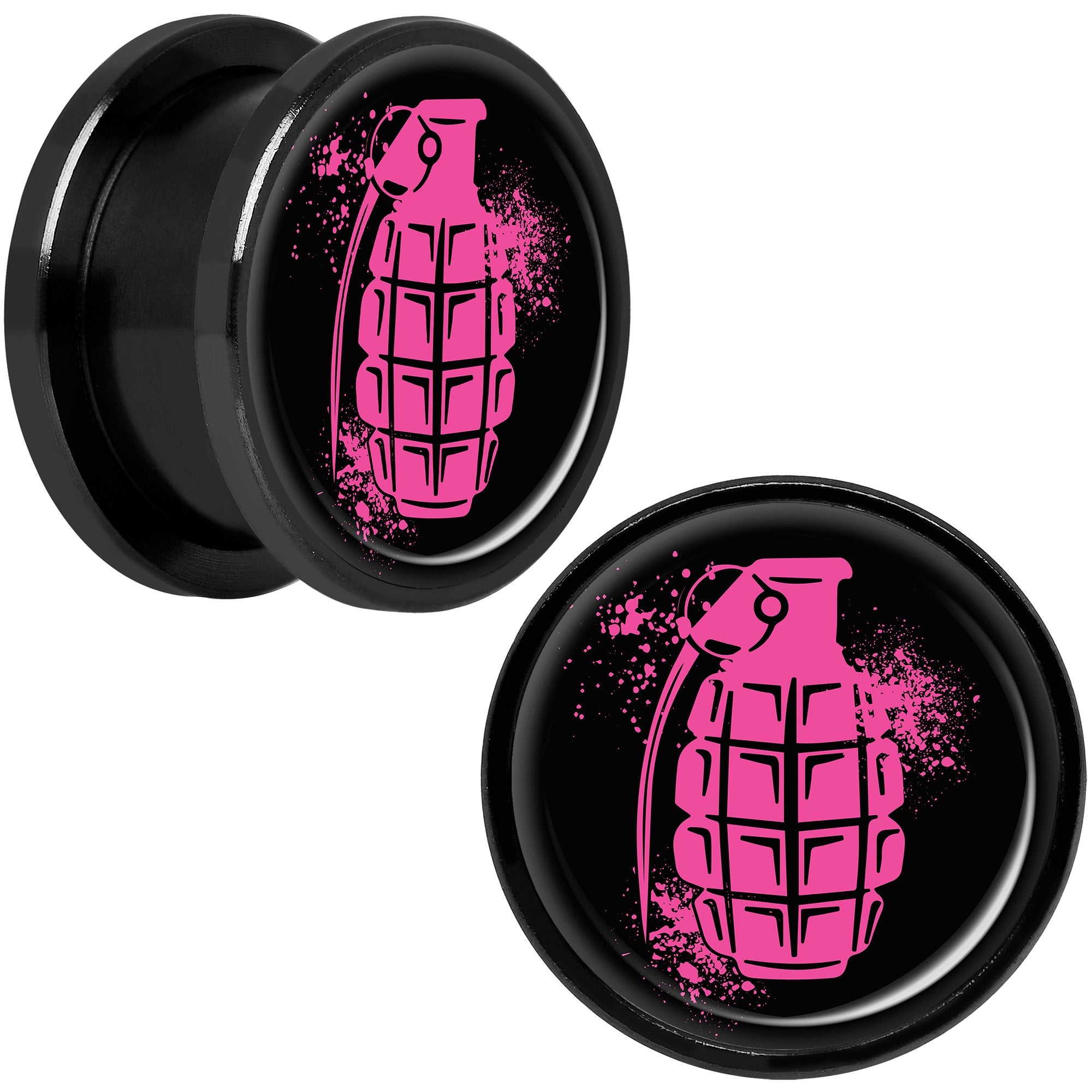 Pink Grenade Black Anodized Screw Fit Plug Set 5/8