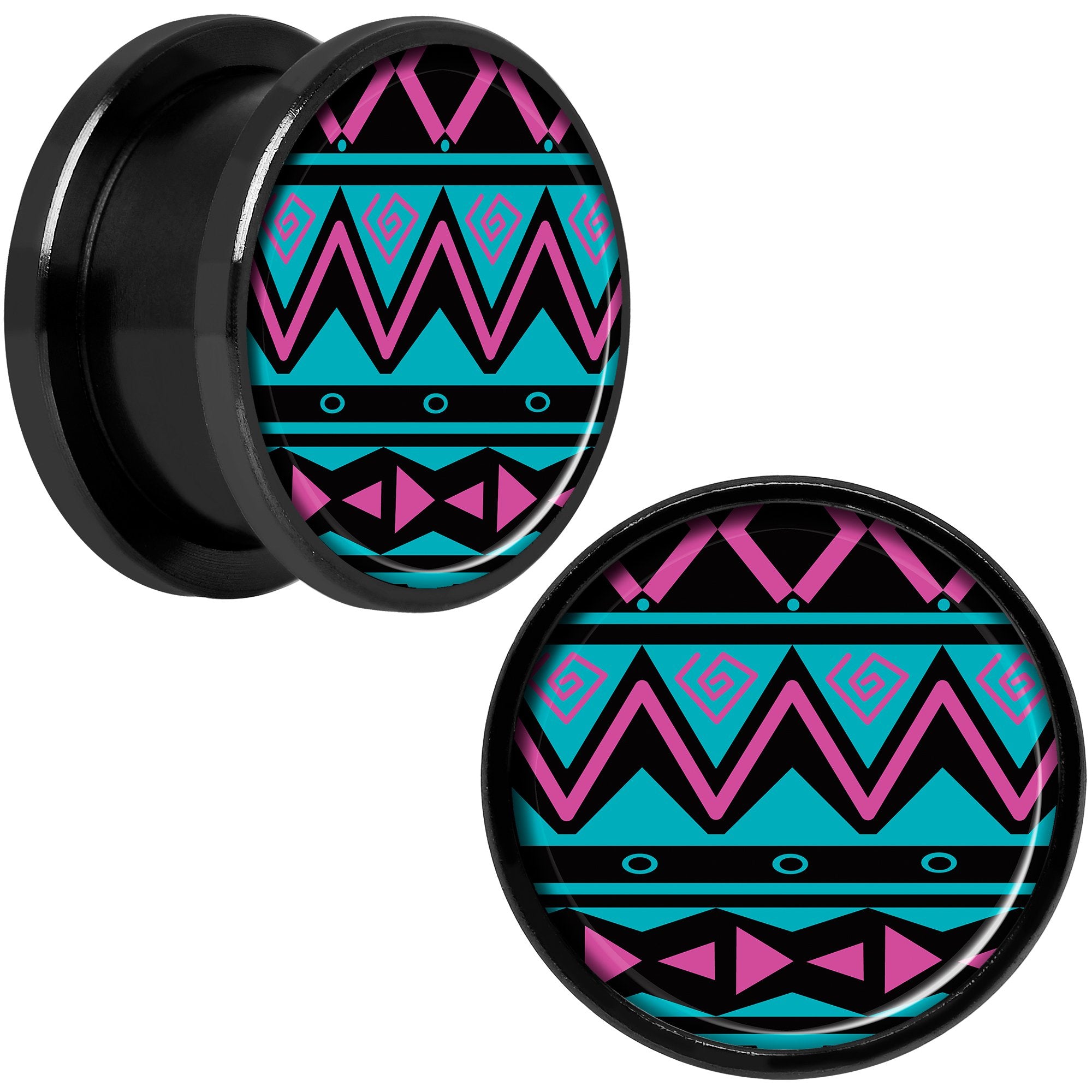 Pink Teal Tribal Print Black Anodized Screw Fit Plug Set 5/8