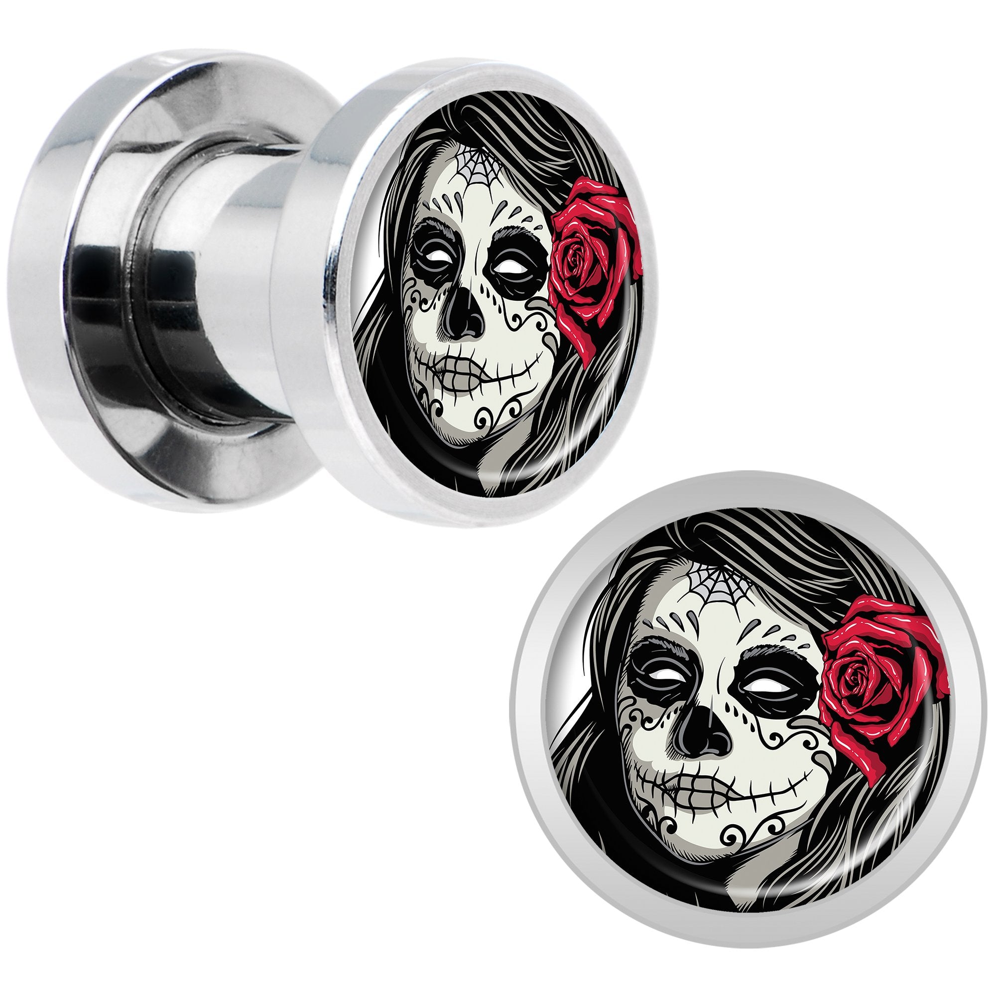 Katrina Sugar Skull with Rose Flower Steel Screw Fit Plug Set 2G
