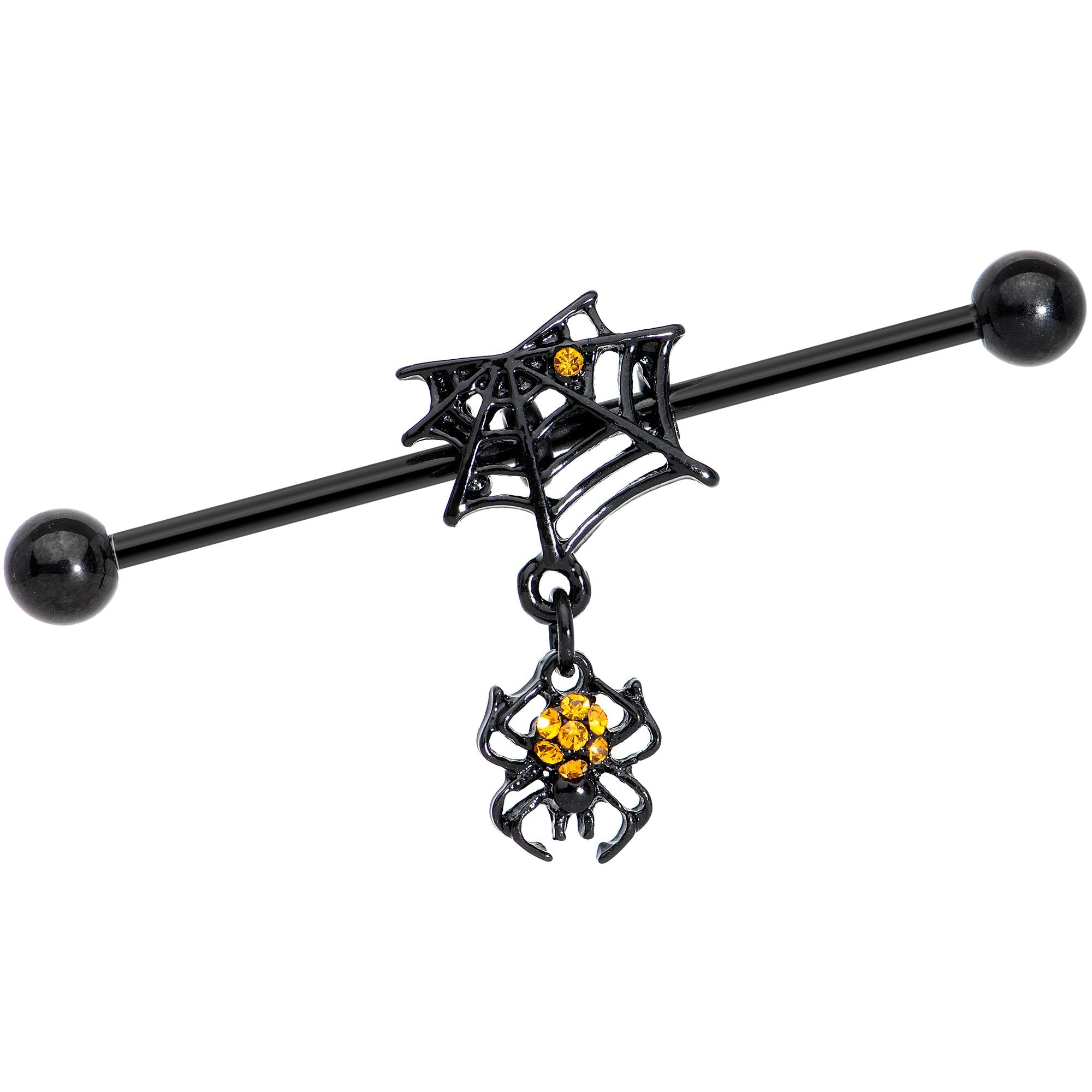 Yellow Black Gem Spider Web Halloween Dangle Industrial Barbell 38mm