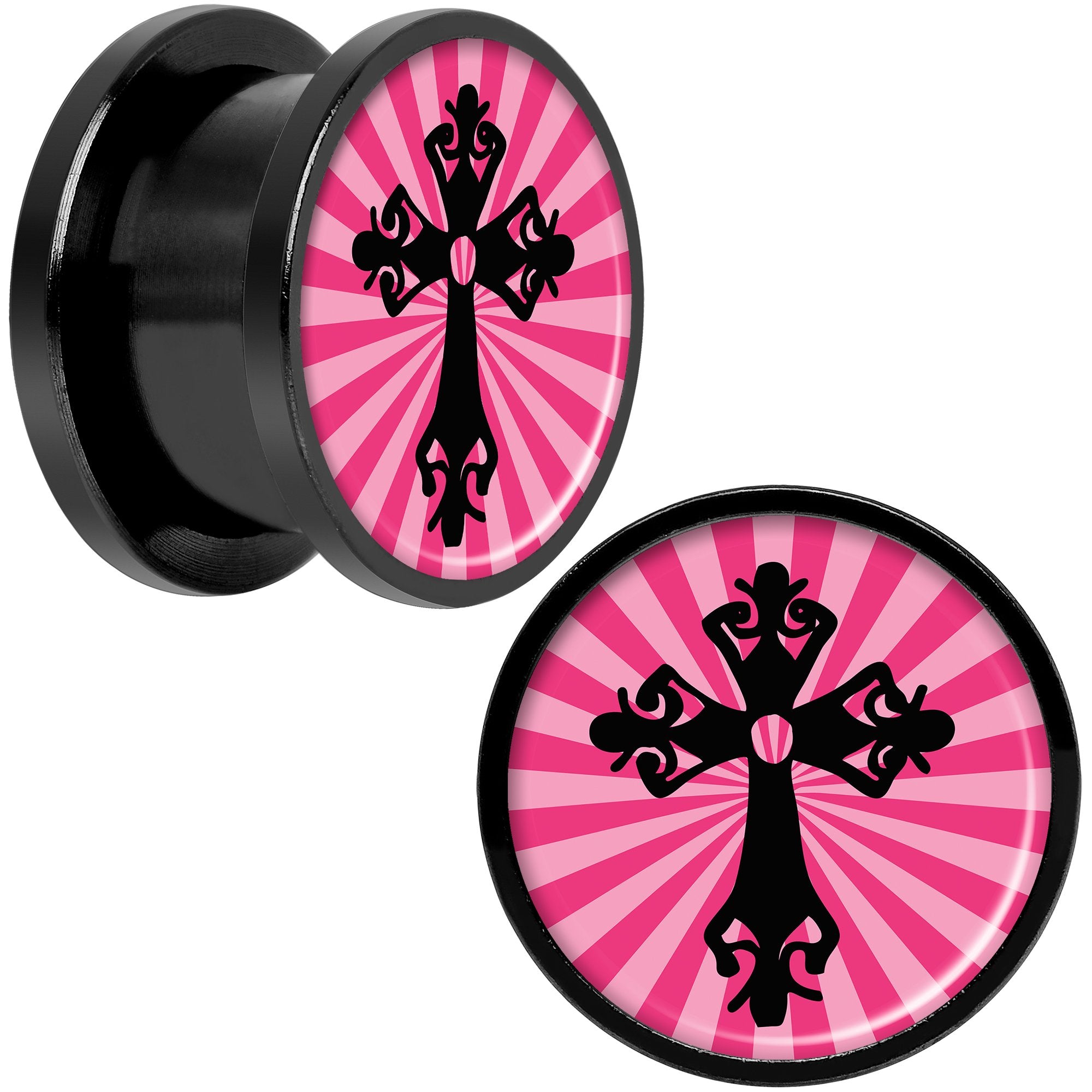 Pink Black Radiant Cross Black Anodized Screw Fit Plug Set 9/16