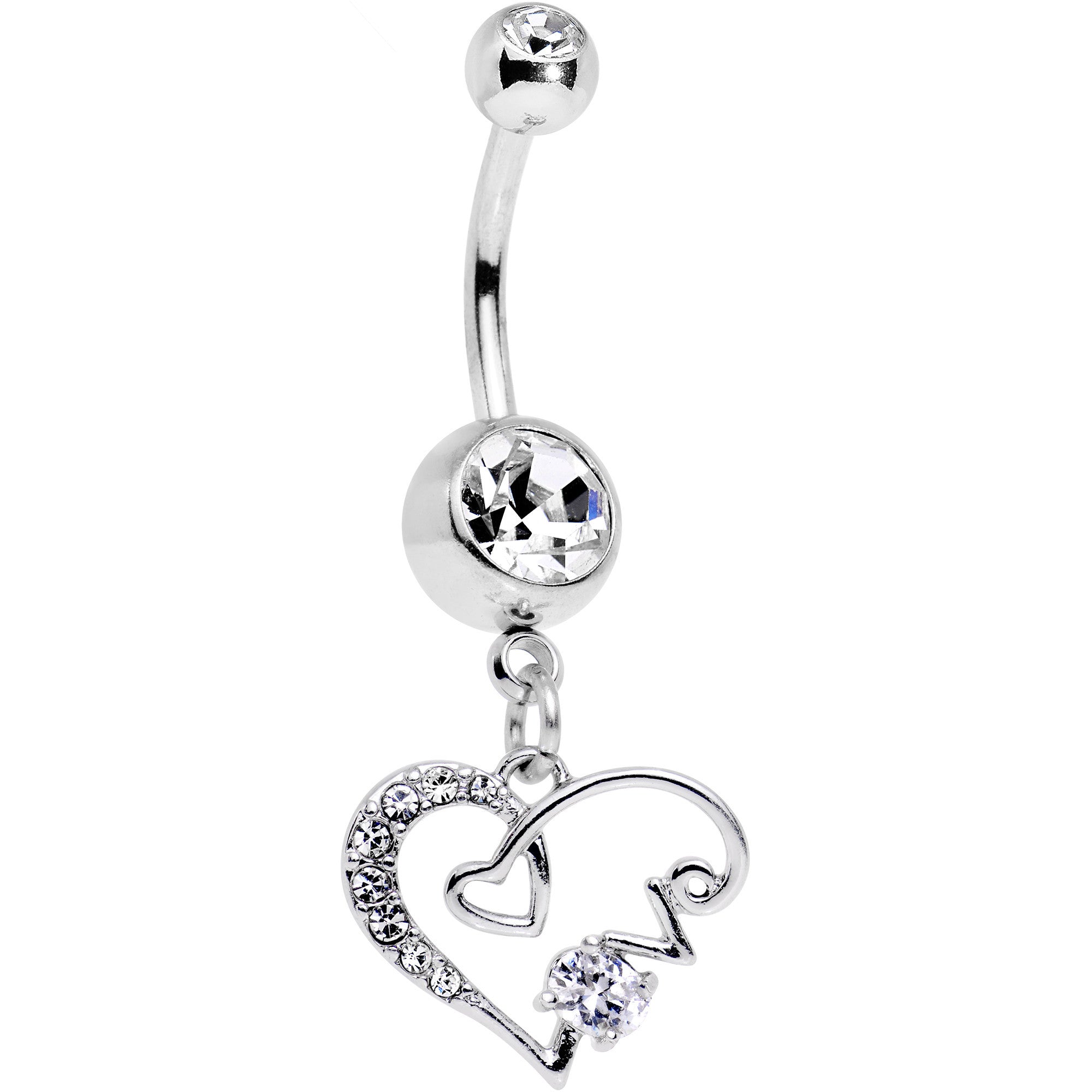 Clear CZ Gem Love Scrawled Double Heart Dangle Belly Ring