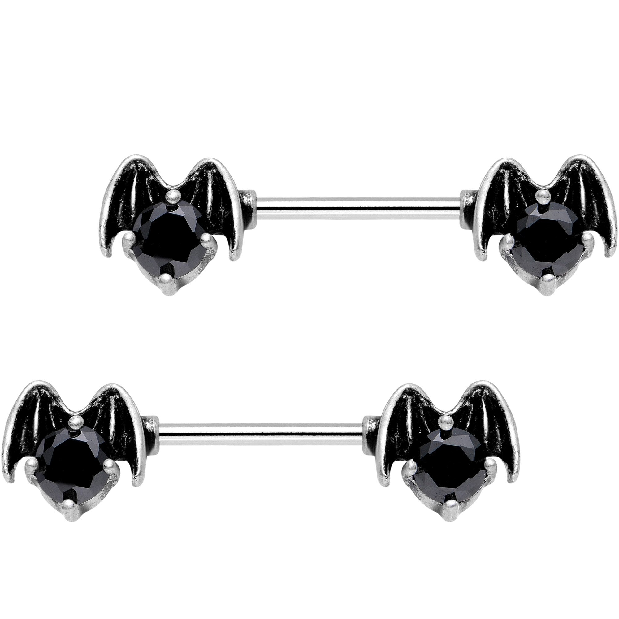 9/16 Black Gem Night Bat Barbell Nipple Ring Set