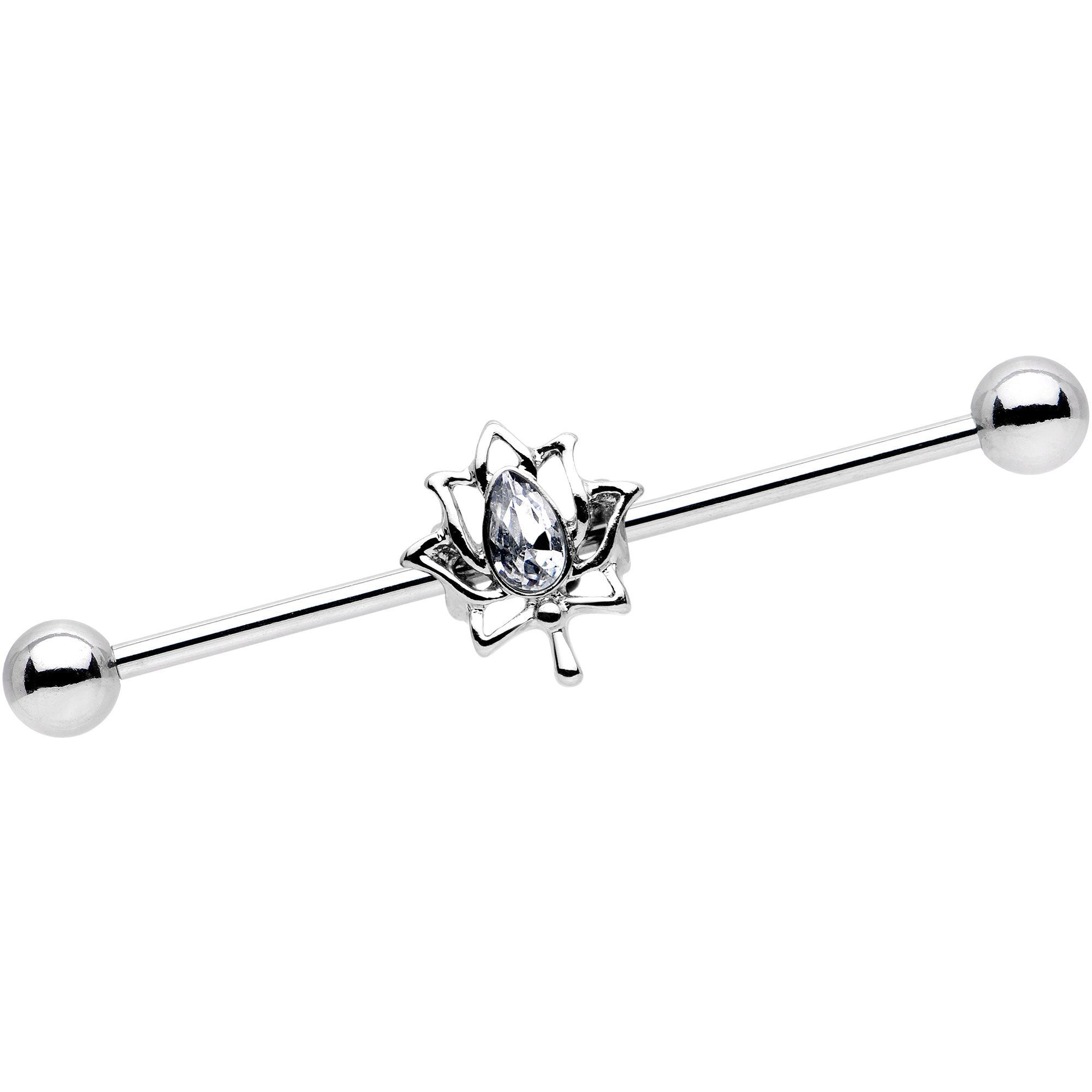 14G Clear Gem Lotus Flower Leaf Industrial Barbell 38mm