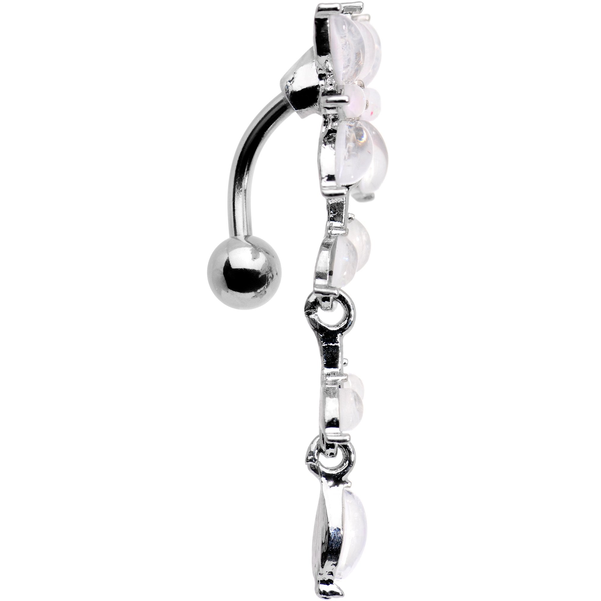 White Faux Opal Frosted Flower Trail Top Mount Dangle Belly Ring