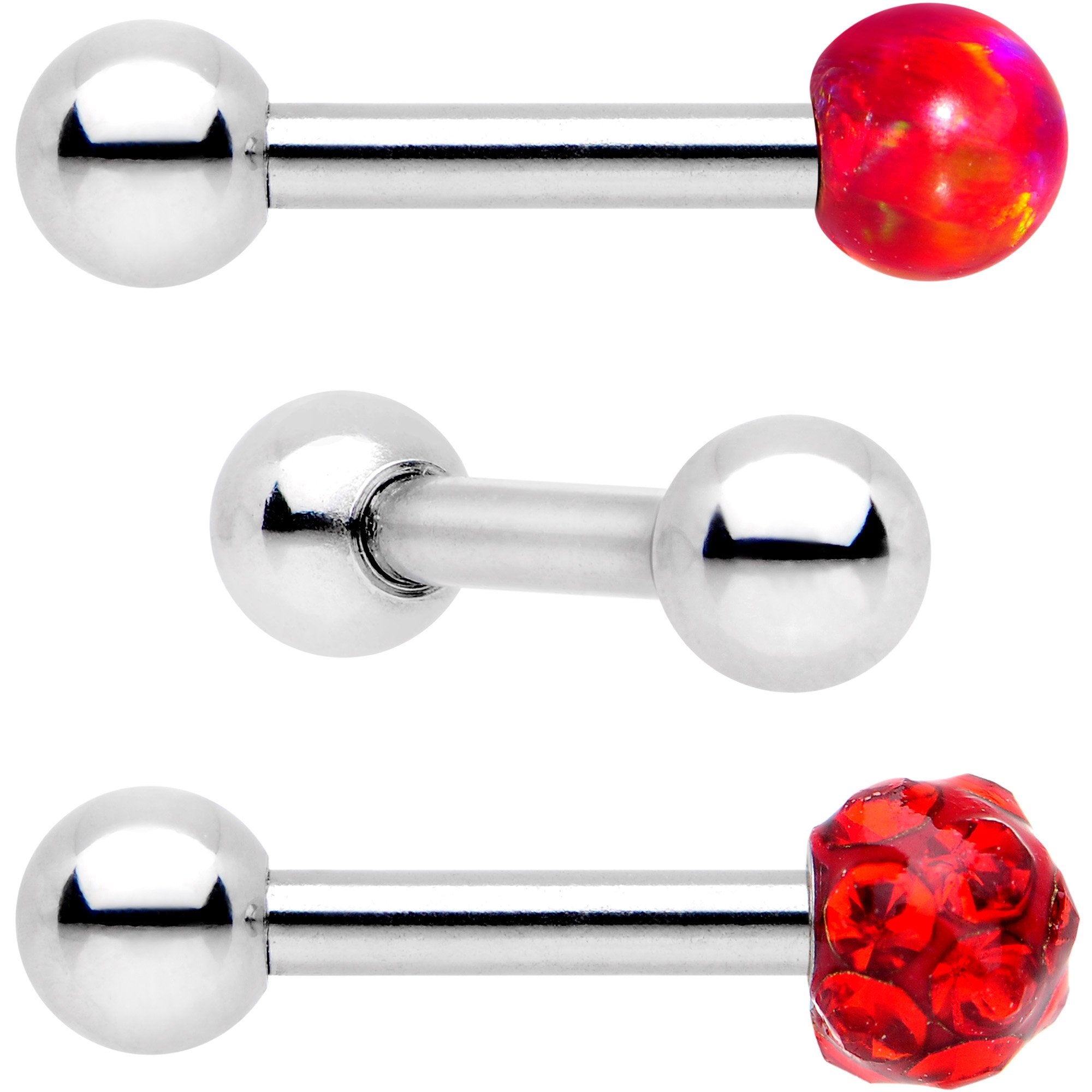 16G 1/4 Red Faux Opal Ball Cartilage Tragus Earring 3 Pack Set