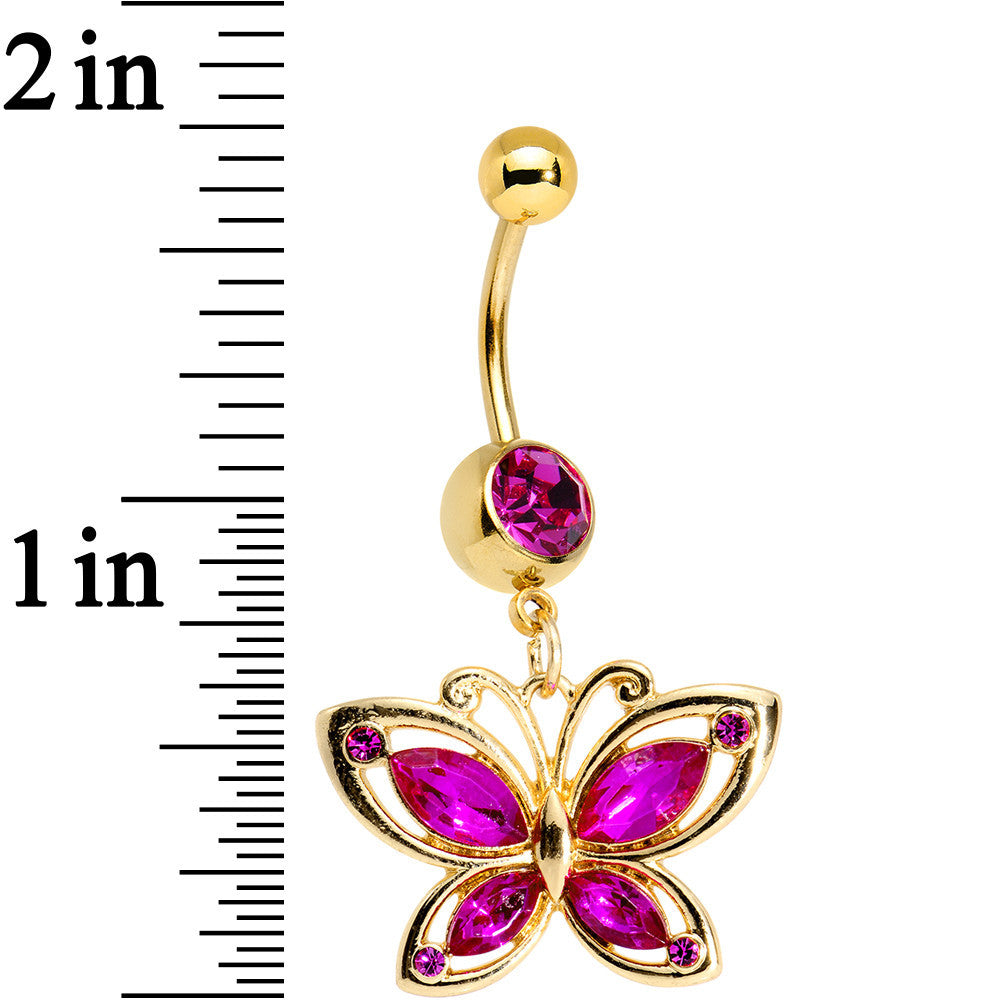 Pink Gem Gold PVD Burst of Color Butterfly Dangle Belly Ring