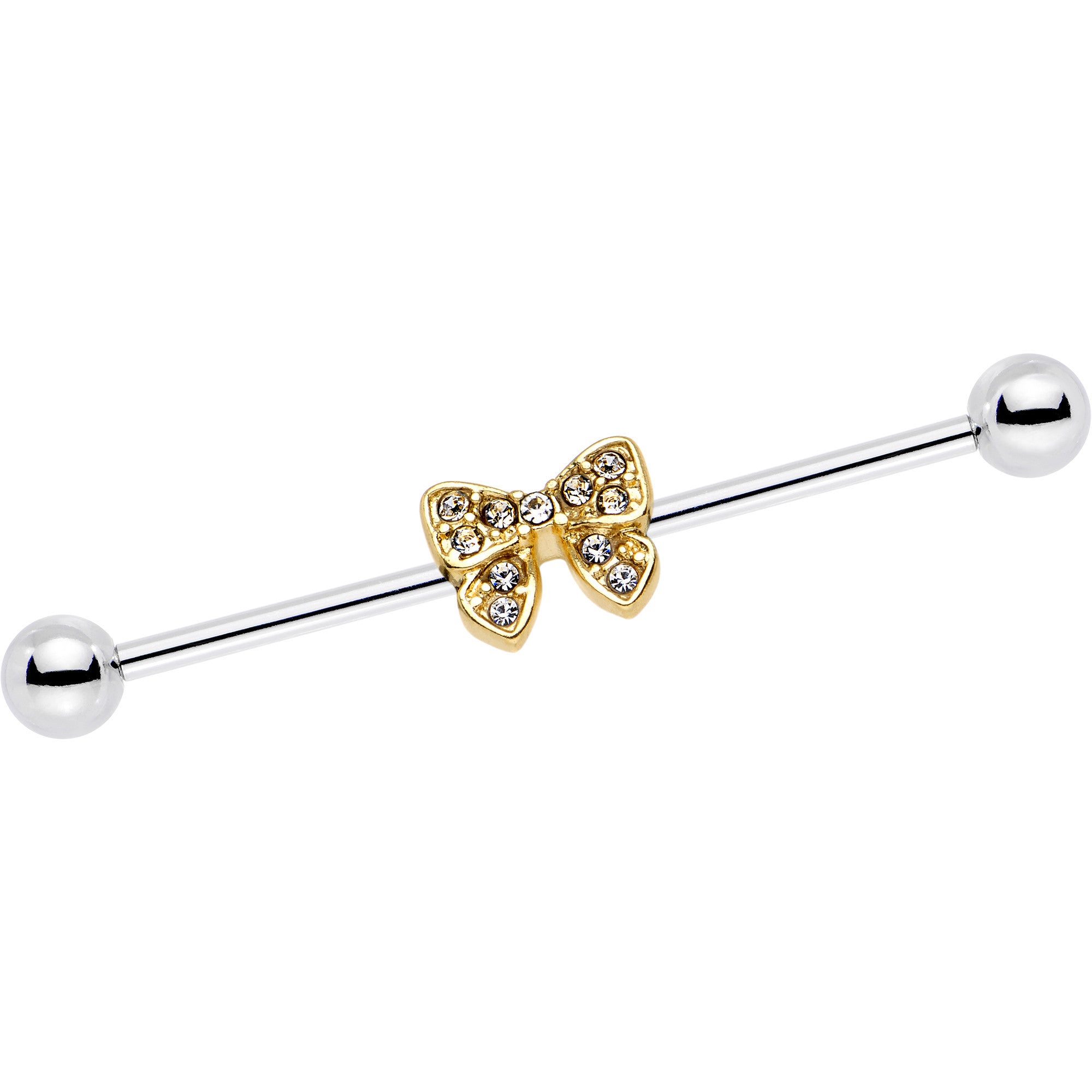 14G Clear Gem Gold Tone Knotted Bow Industrial Barbell 35mm