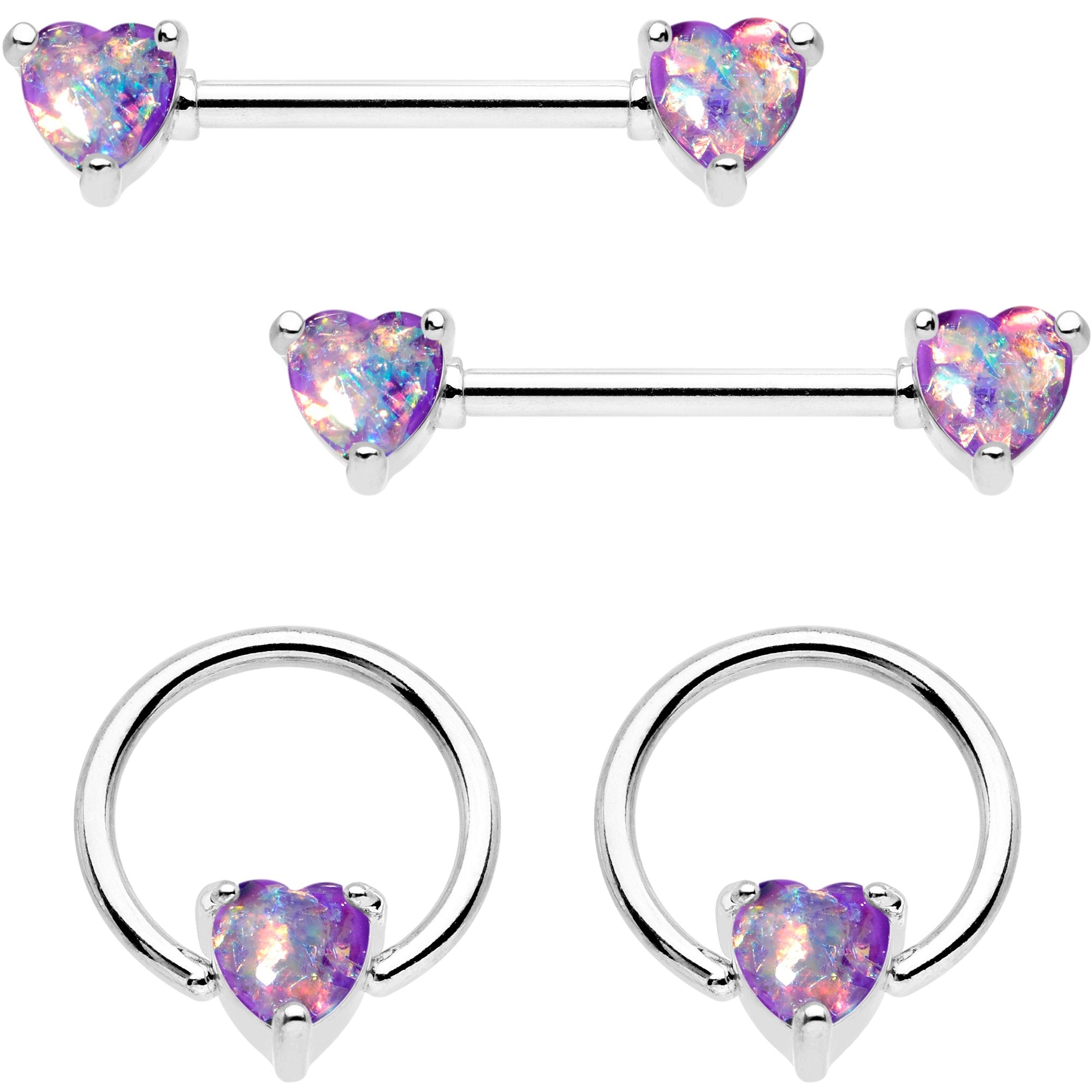 Purple Faux Opal Heart Captive Ring Straight Barbell Nipple Ring Set