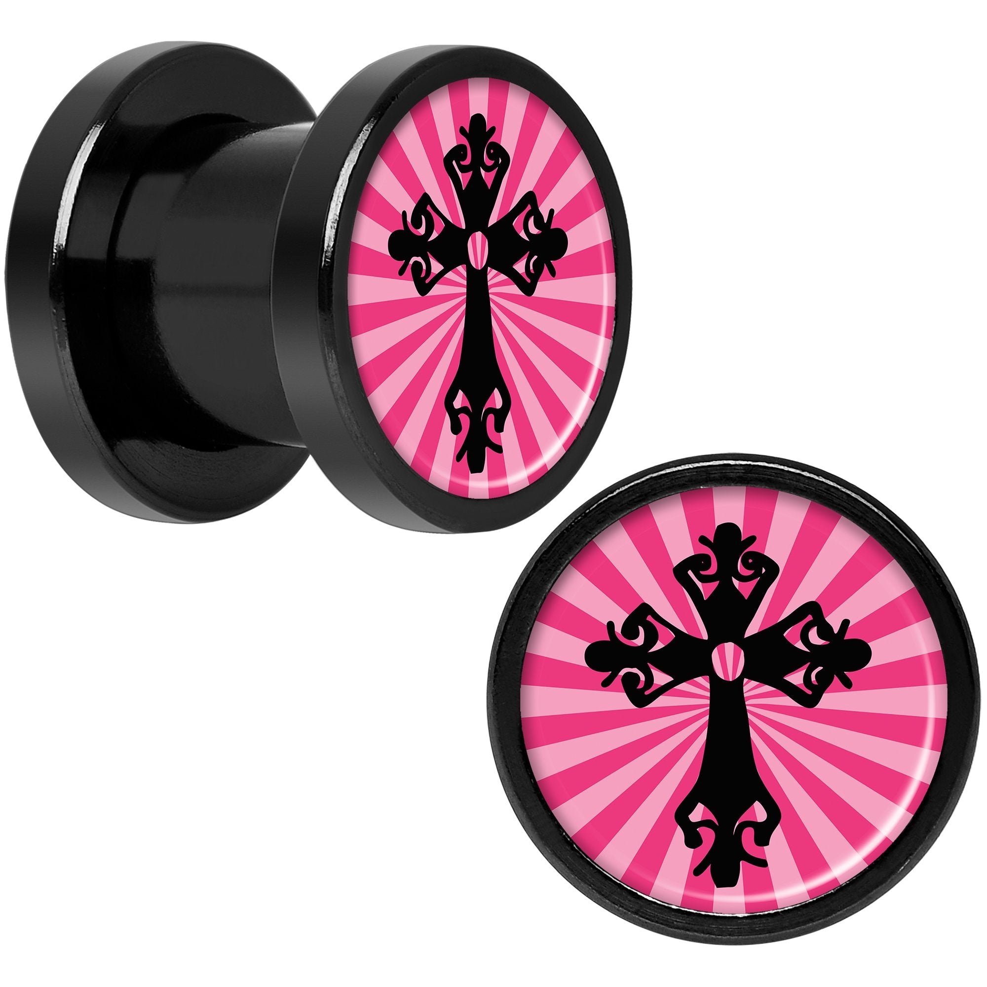 Pink Black Radiant Cross Black Anodized Screw Fit Plug Set 0G