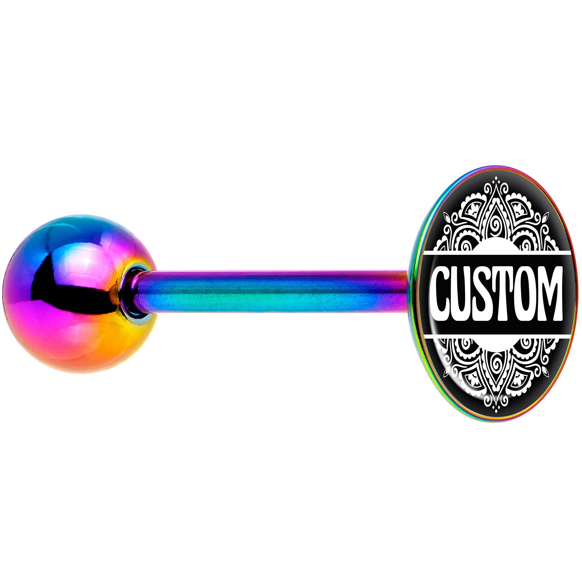 Custom black mandala Personalized Name Rainbow Barbell Tongue Ring