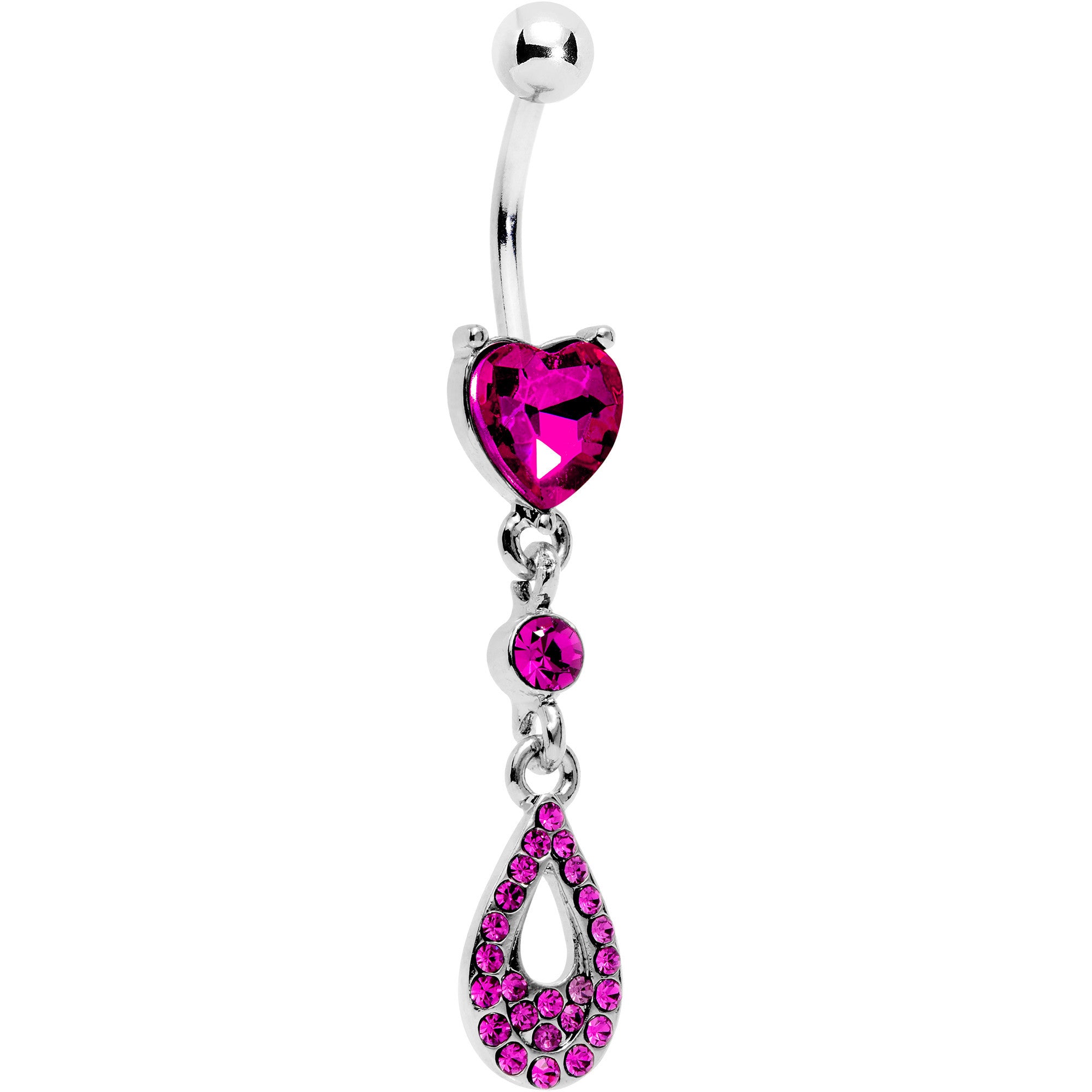 Pink CZ Gem Valentine Dew Drop Heart Dangle Belly Ring