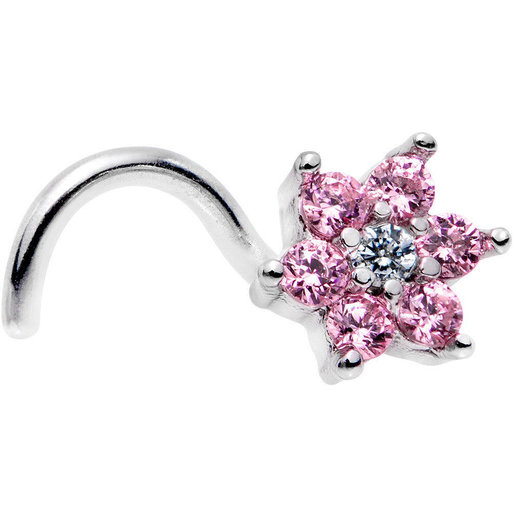 18G 1/4 Pink and Clear CZ Gem Flower Right Nose Screw