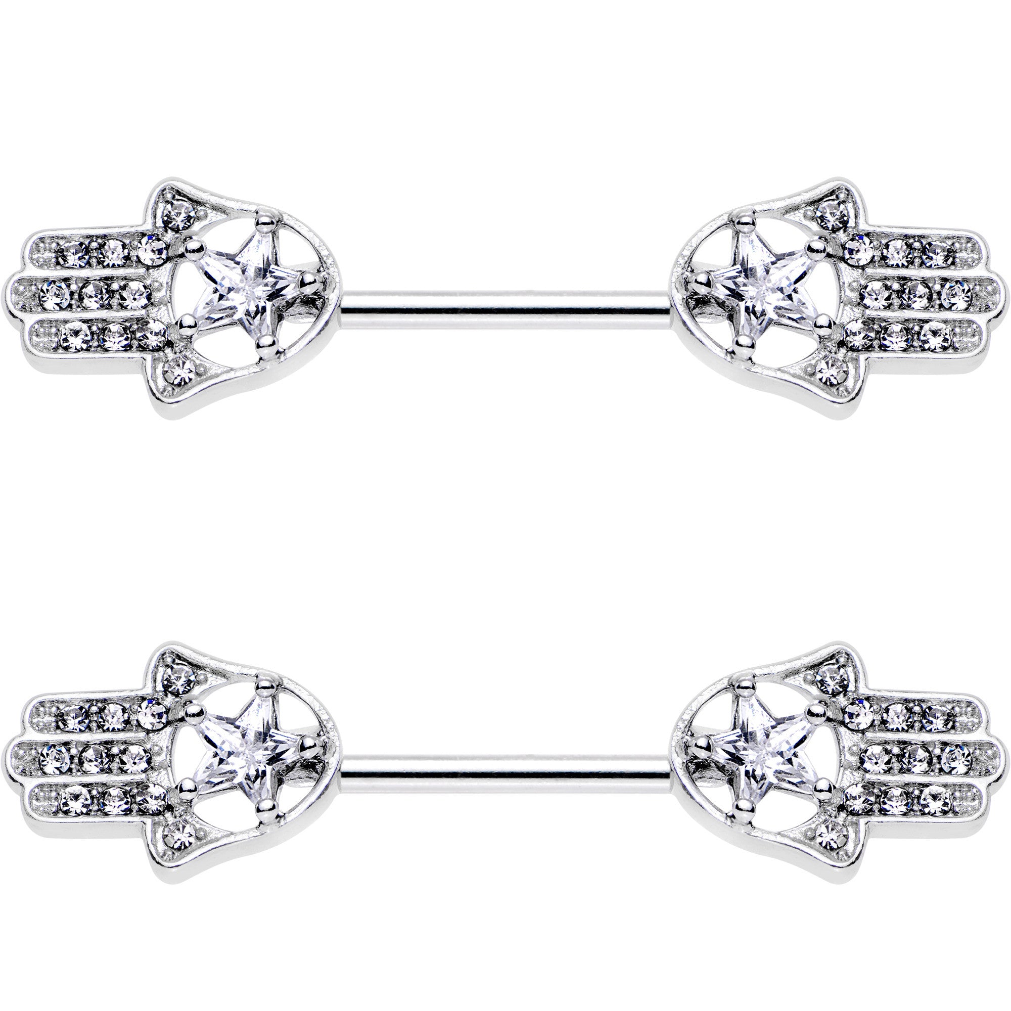 14G 9/16 Clear Gem Star Hamsa Hand Barbell Nipple Ring Set