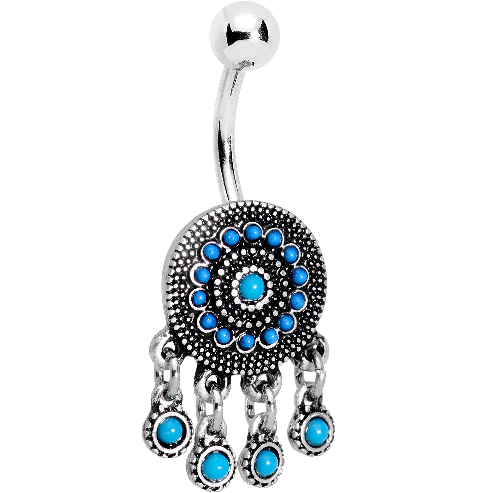 Southwestern Blue Tribal Drum Dreamcatcher Dangle Belly Ring
