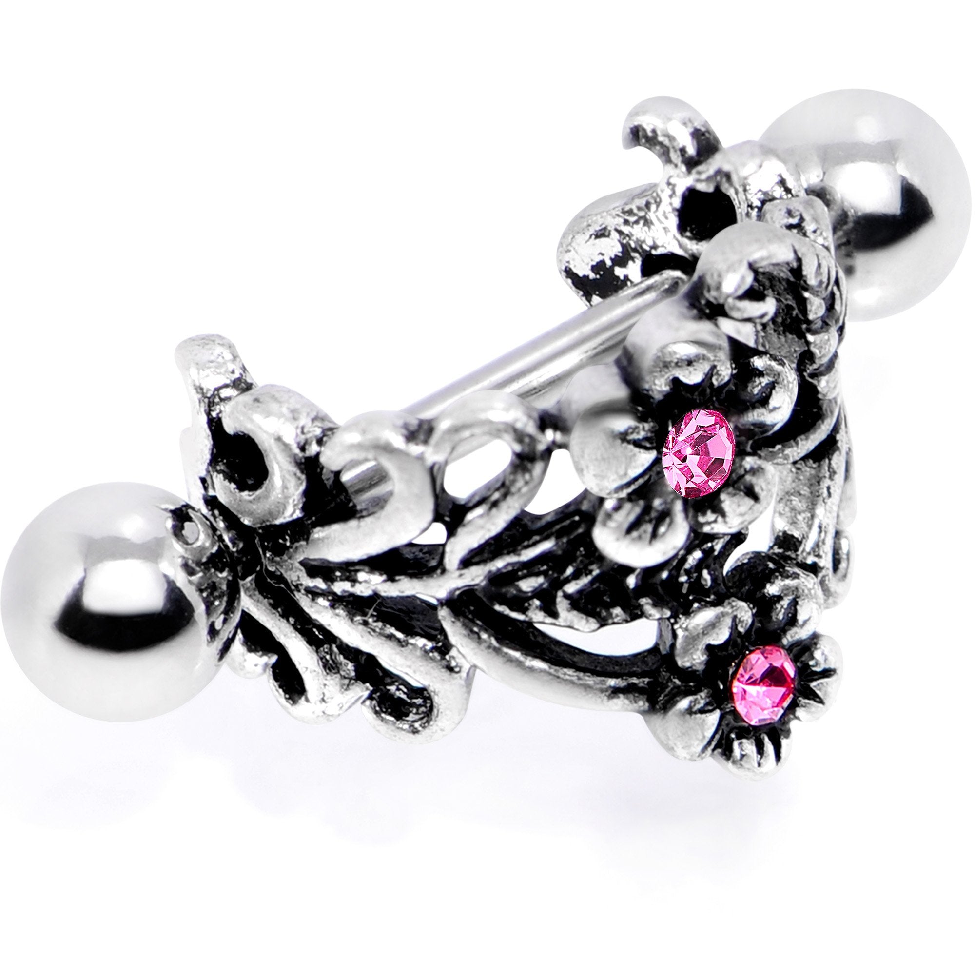 16G 1/2 Pink Gem Double Daisy Flower Cuff Cartilage Earring