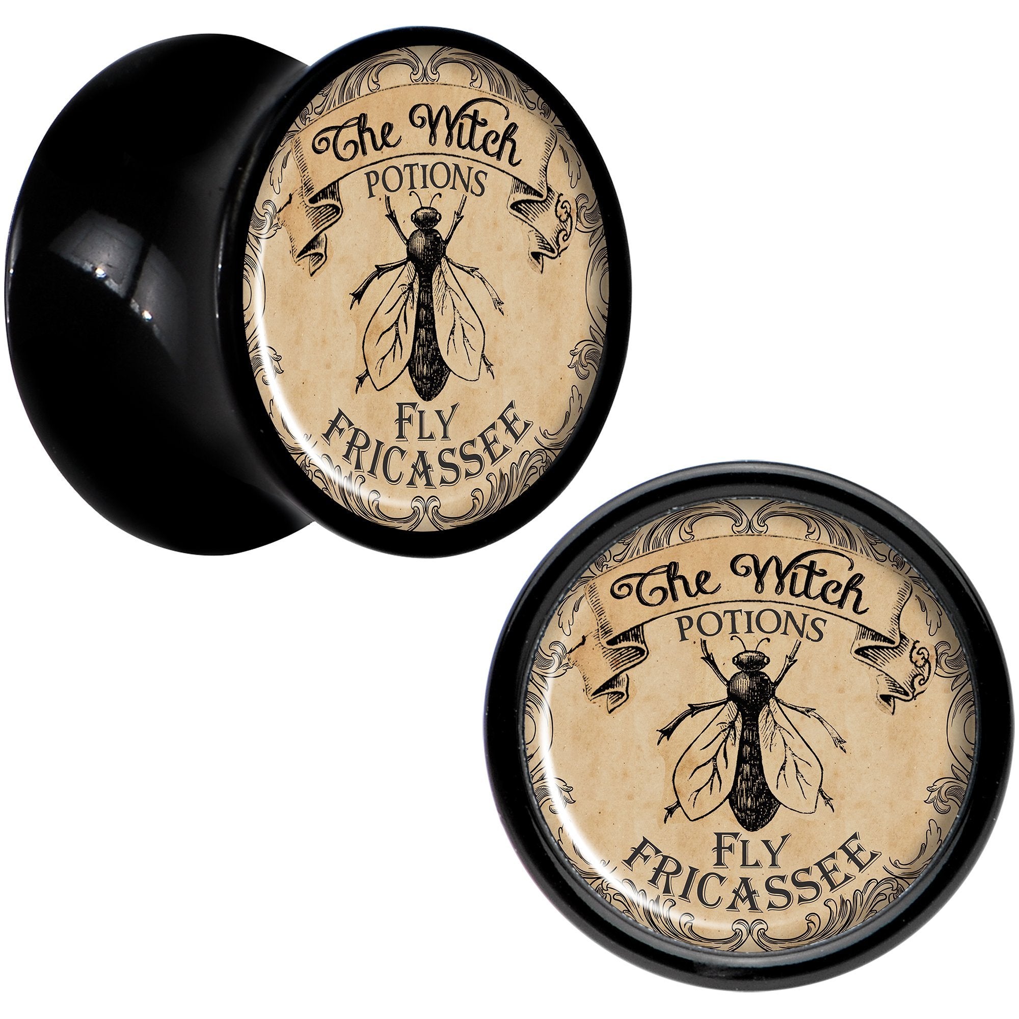 Witches Brew Fly Fricassee Halloween Black Acrylic Plug Sizes 0G to 20mm