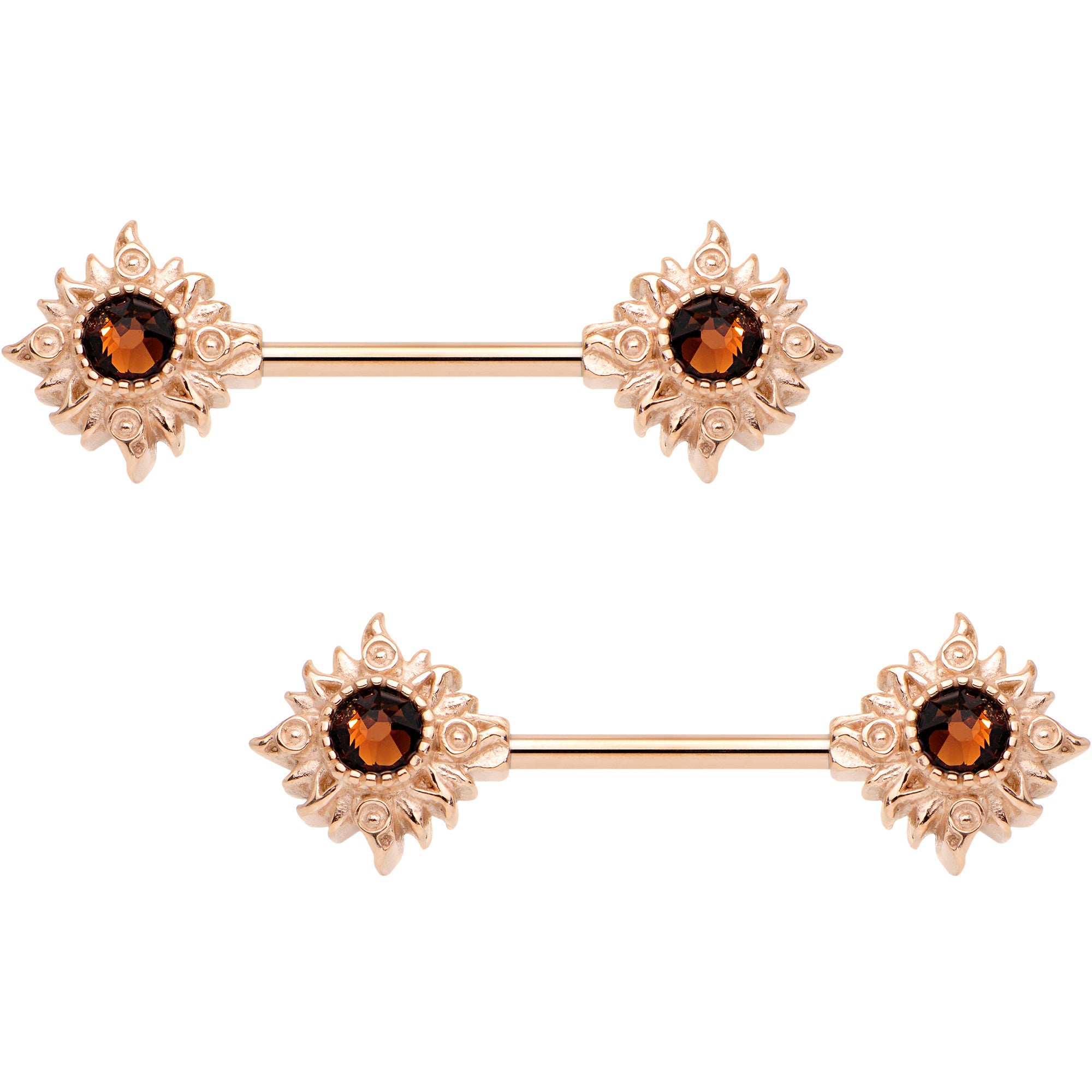Brown Gem Chocolate Sunshine Rose Gold Tone Barbell Nipple Ring Set