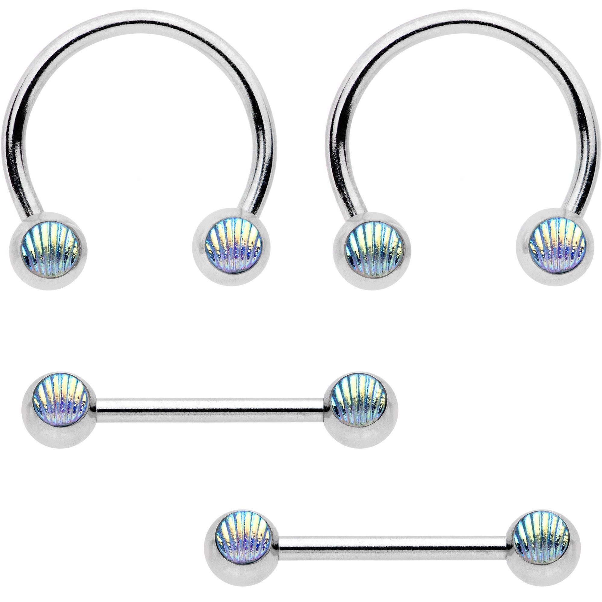 14G Mermaid Scale Horseshoe Barbell Nipple Ring Set of 4