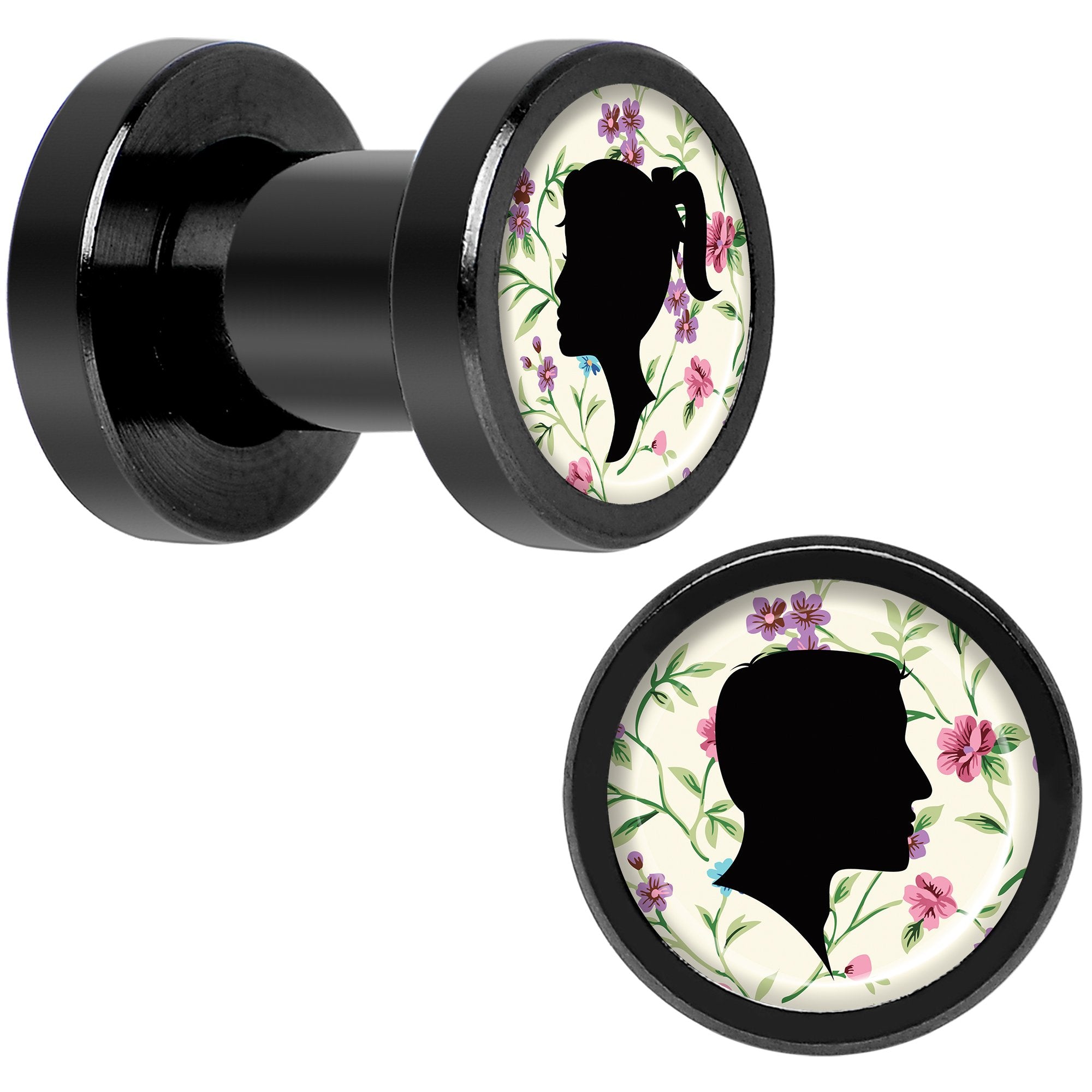 Man Woman Floral Silhouette Black Anodized Screw Fit Plug Set 4G