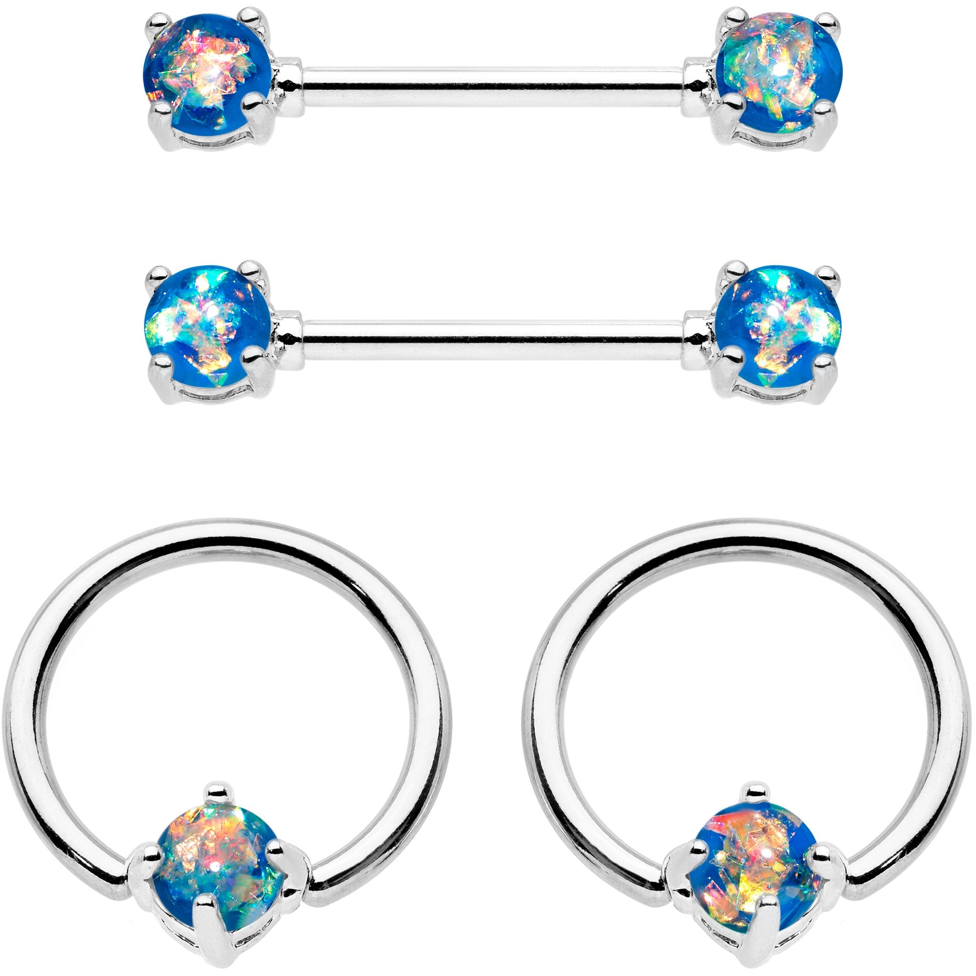 14G Blue Green Faux Opal Captive Ring Barbell Nipple Ring Set
